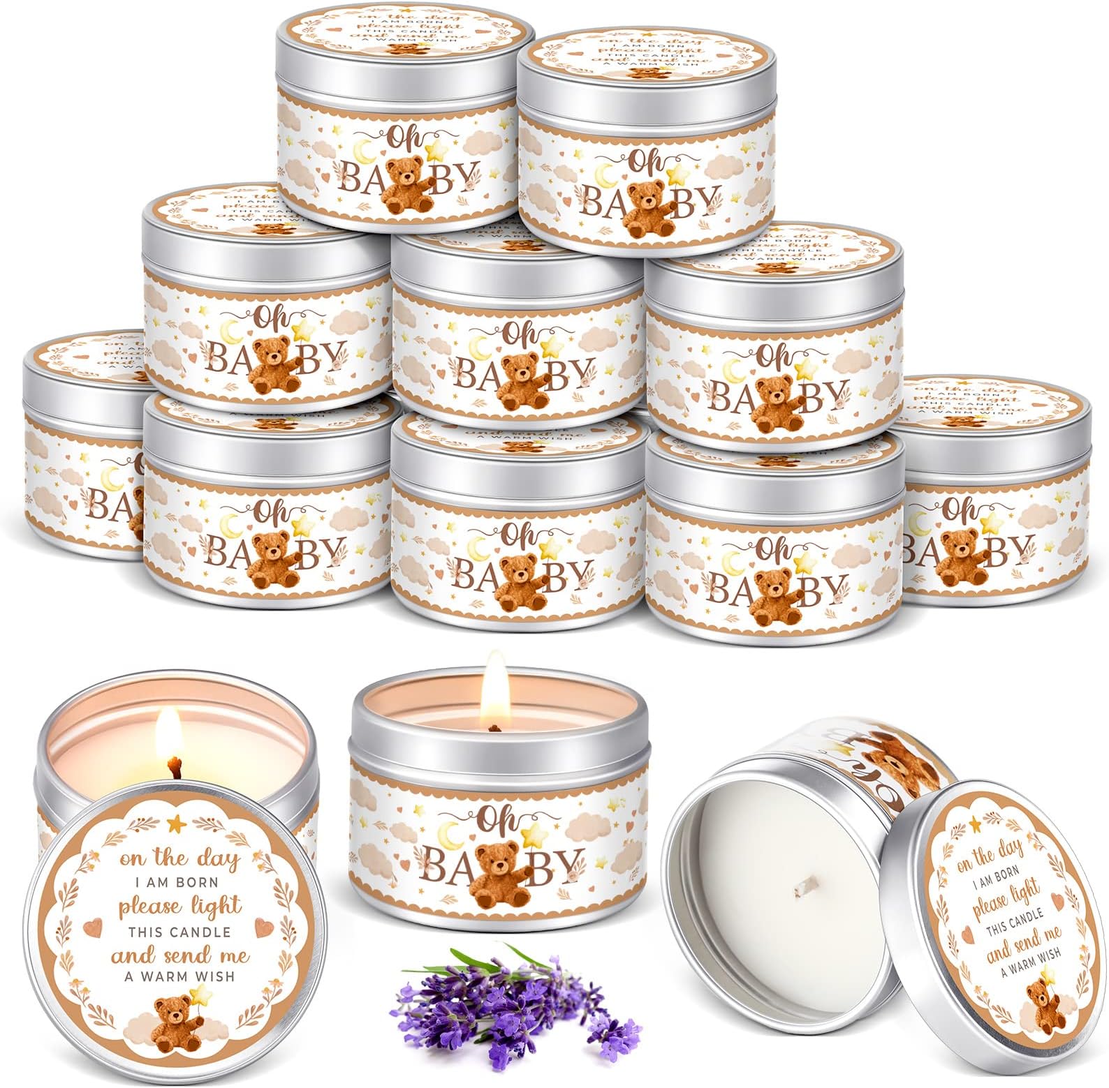 Funtery 12 Pcs Baby Shower Party Favors Candles Lavender Scented Baby Shower Favors for Guests Bear Floral Rustic Tea Lights Candles Gender Reveal Candle for Girl Boy Baby Shower Return Gifts(Bear)