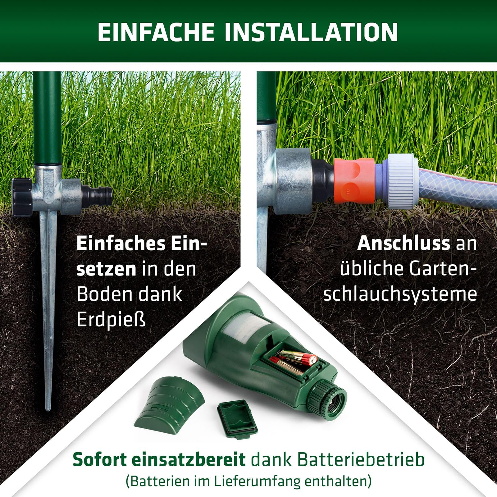 GARDIGO® Wasserstrahl Tiervertreiber I Vogelabwehr, Reiherschreck, Katzenschreck für Garten | PIR-Bewegungsmelder I Reichweite bis zu 10 m I Vogelschreck, Katzenabwehr, Hundeabwehr | Inkl. Batterien