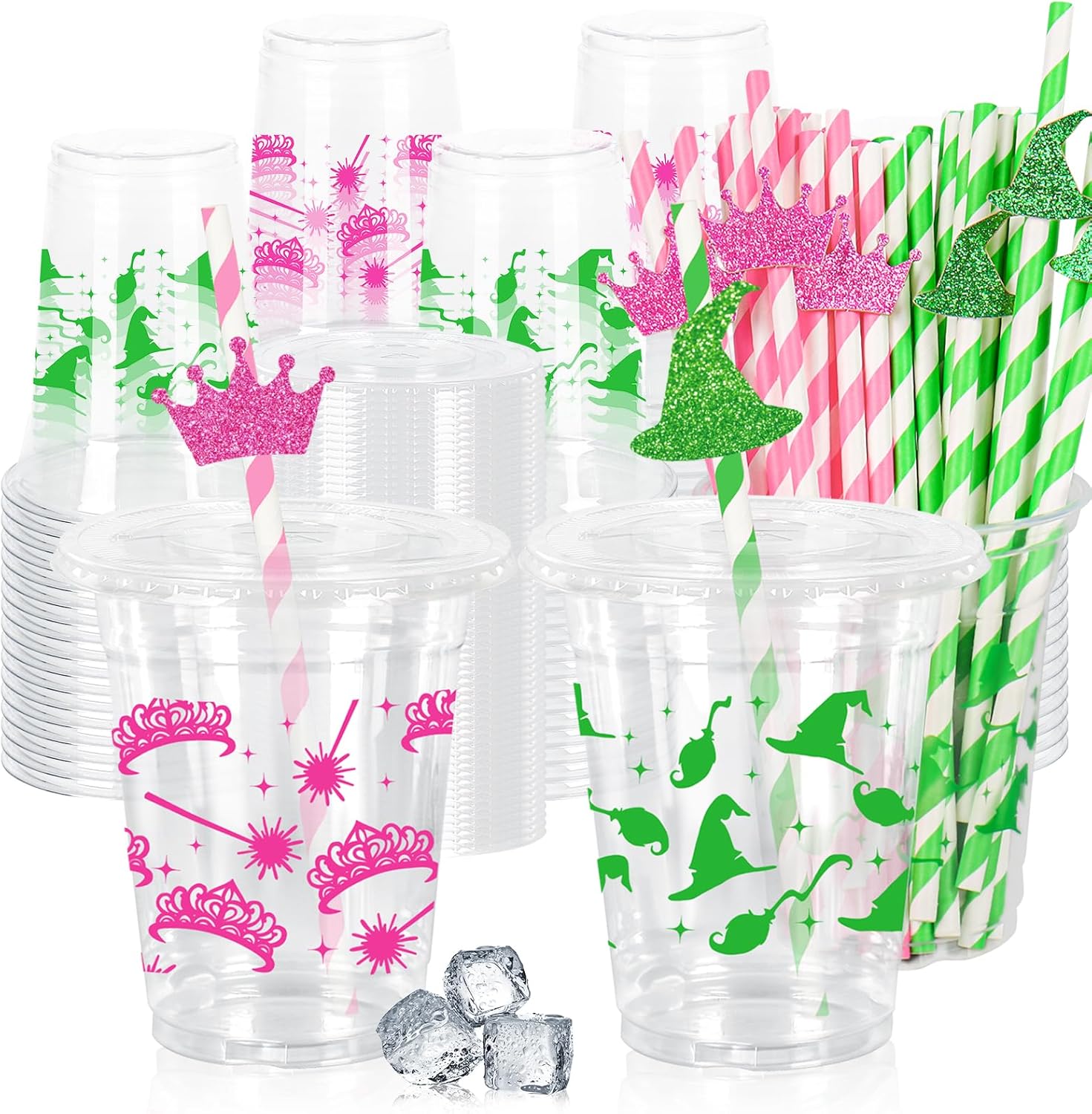 50Pcs 12Oz Magical Wizard Plastic Cups with Lids & Straws Green Witch Hat Pink Crown Disposable Clear Drinking Cups for Halloween Birthday Baby Shower Party Supplies