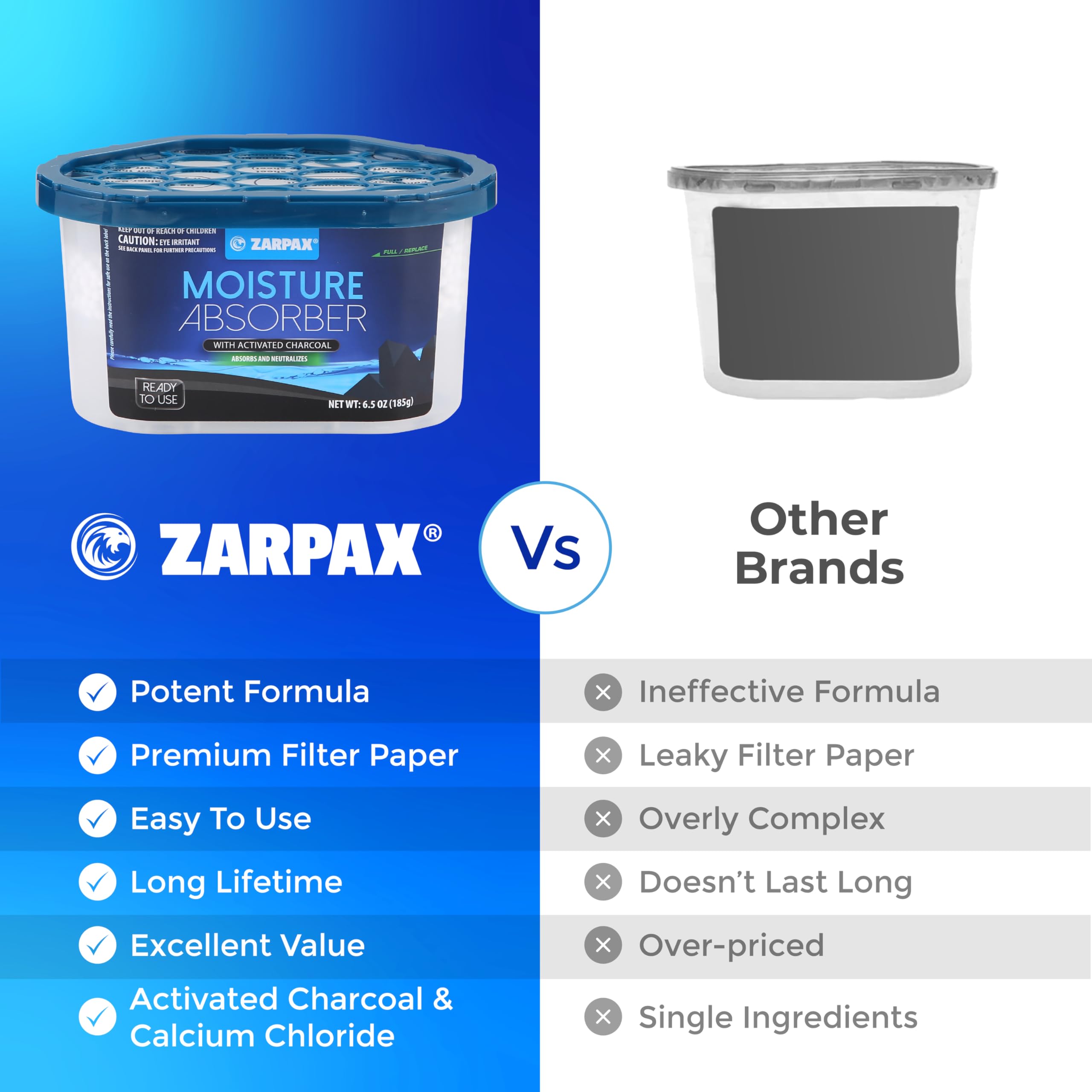 ZARPAX Carbone attivo assorbitore di umidità, 185 g, rimuove umidità, umidità e odori, assorbe gli odori, trappola per bagno, armadio, cucina e piccoli spazi, set da 15