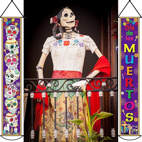 Miniatura 6 de Juego de 3 pancartas de decoración del Día de los Muertos para fiesta mexicana, decoración del Día de los Muertos, letrero de porche, bandera