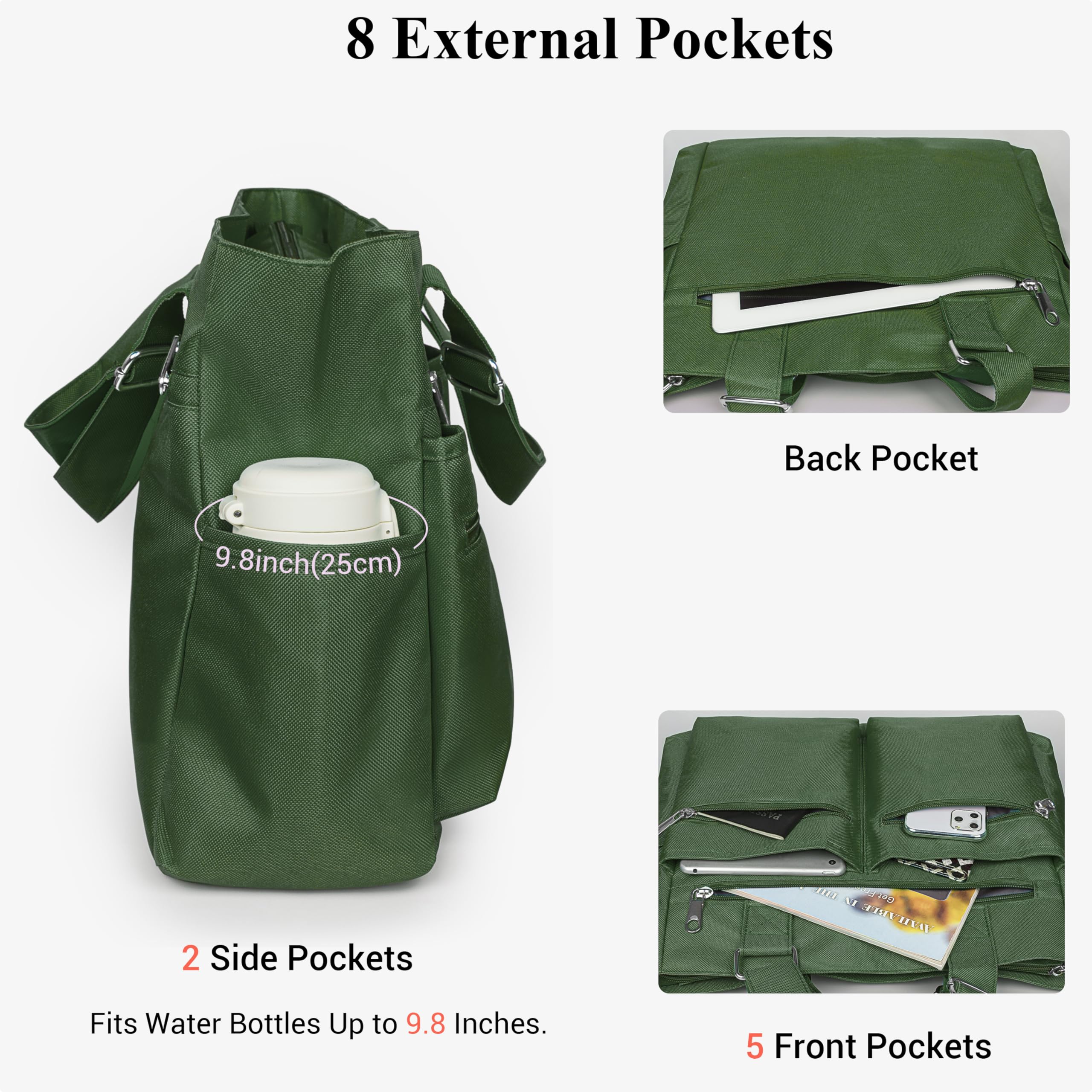 VOLGANIK ROCK Canvas Tote Bag Waterproof Nylon Multi Pocket Shoulder Bags Laptop Work Bag Teacher Purse Handbag for Women Men: Army Green