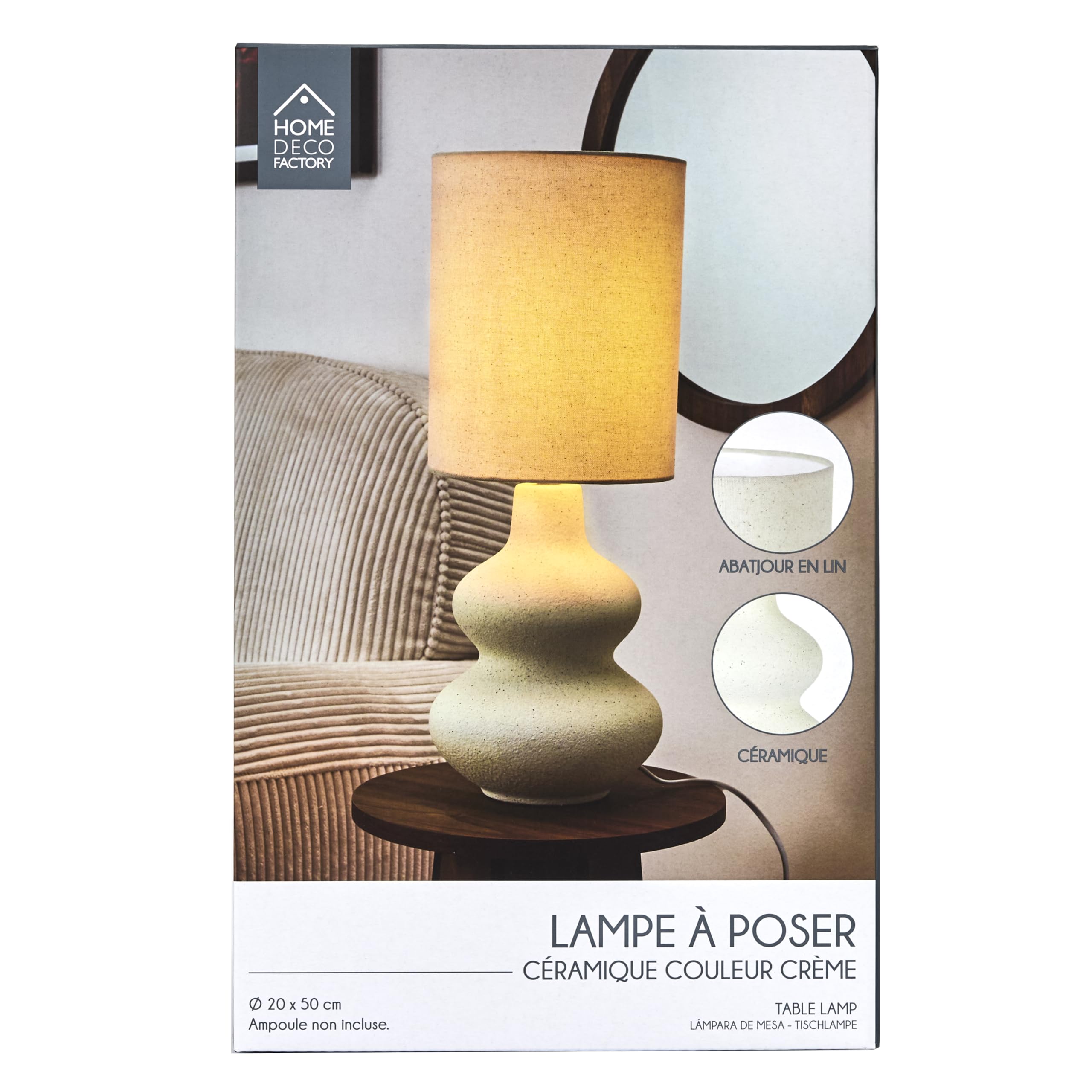 HOME DECO FACTORY, LA0044, Lampada in Ceramica Crema dal Design Raffinato, Paralume in Lino per Una Calda Atmosfera, Ideale per Tutti Gli Interni, Altezza 50 cm, Colore Bianco