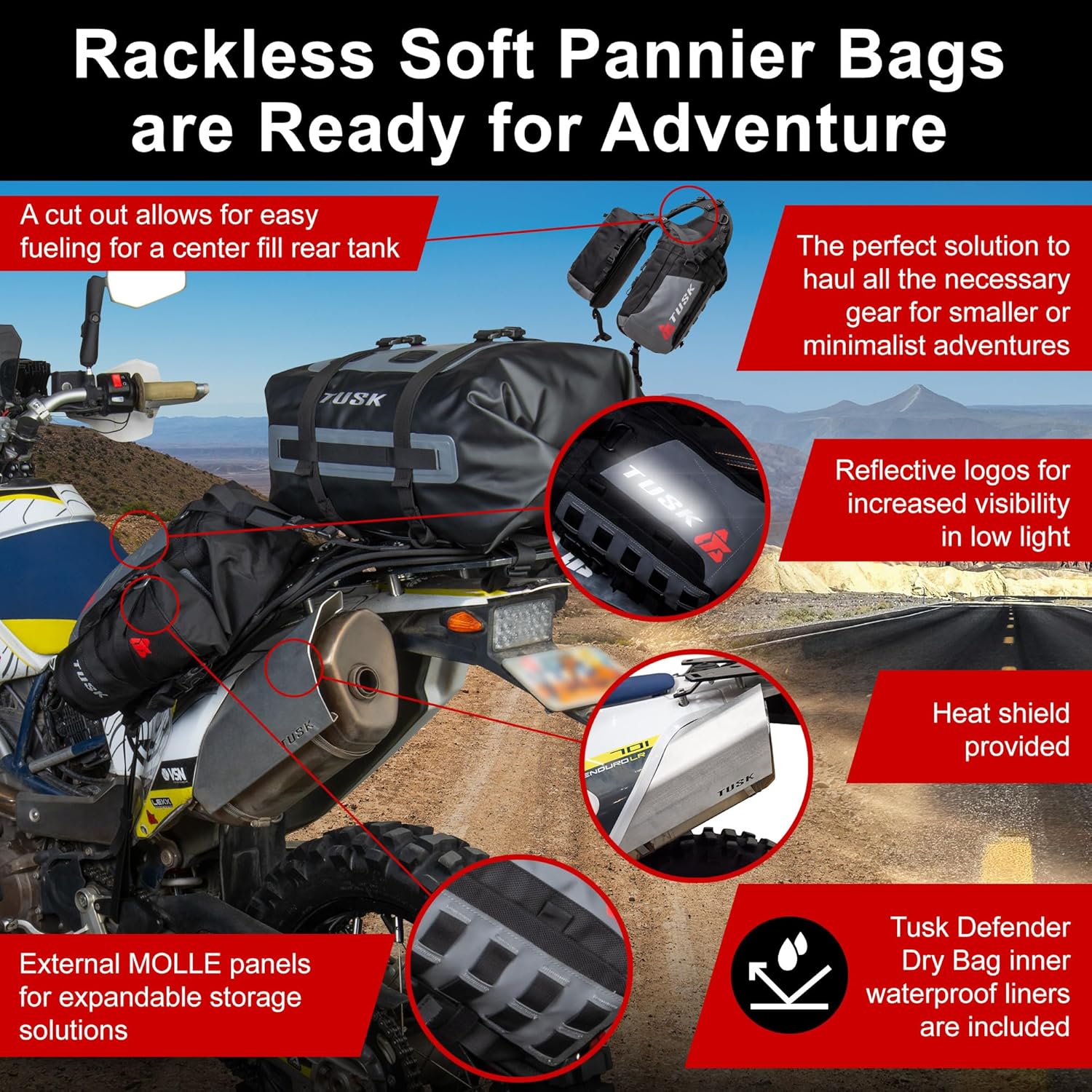 TUSK Excursion Rackless Luggage System w/Small Dry Duffel & Bottle Holders 690-701 Heat Shield Black/Grey