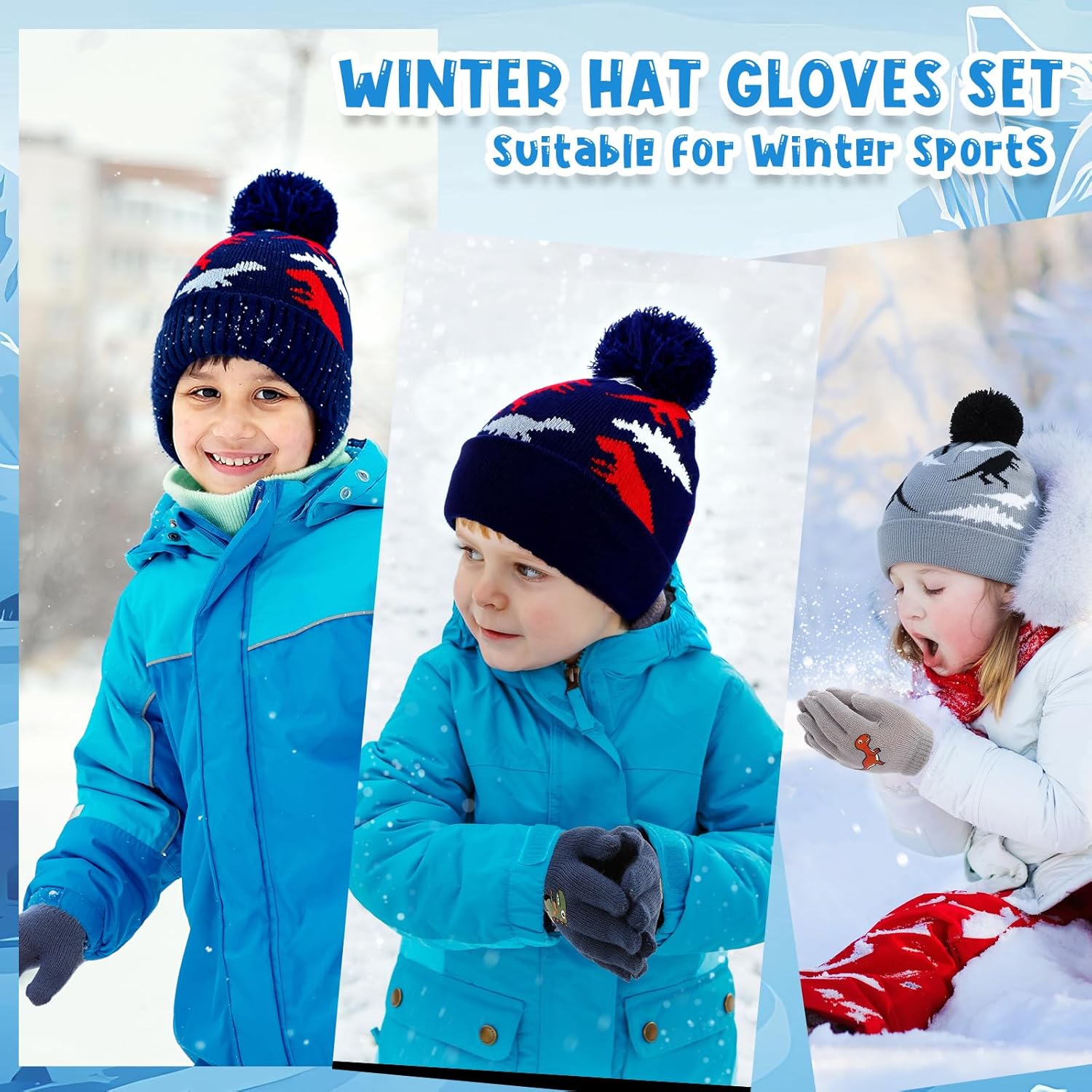 2 Sets Winter Boys Kids Hat Gloves Set Toddler Warm Hat with Gloves Pom Knit Baby Winter Soft Dinosaur Hats for Girl - Image 6