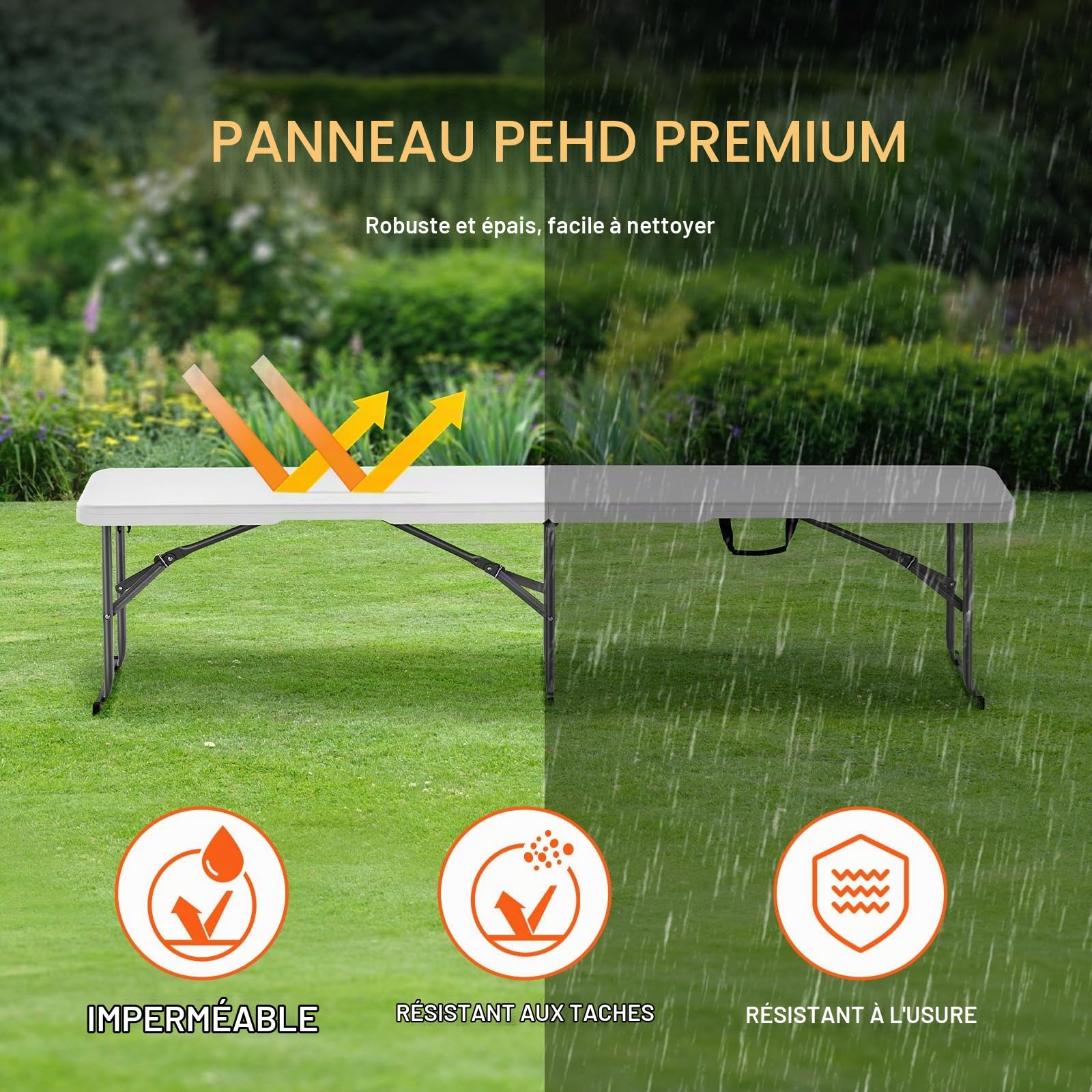 VEVOR Banc Pliant en Plastique, 1820 mm, Banc d'extérieur Pliable Portable, Lisse en PEHD imperméable, siège de Pique-Nique, de Salle à Manger avec poignée de Transport, pour Jardin, Blanc (1 Paquet)