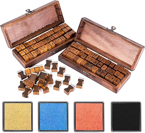 Miniatura 1 de Rancco Sellos del alfabeto para manualidades con 4 almohadillas de tinta, 84 sellos de goma de madera vintage con caja de almacenamiento, 2 juegos