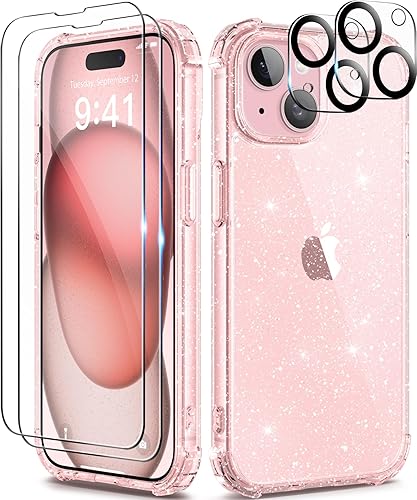 Miniatura 1 de TIESZEN Funda compatible con iPhone 15 Plus con purpurina transparente, 5 en 1 con 2 protectores de pantalla + 2 protectores de lente de cámara, no