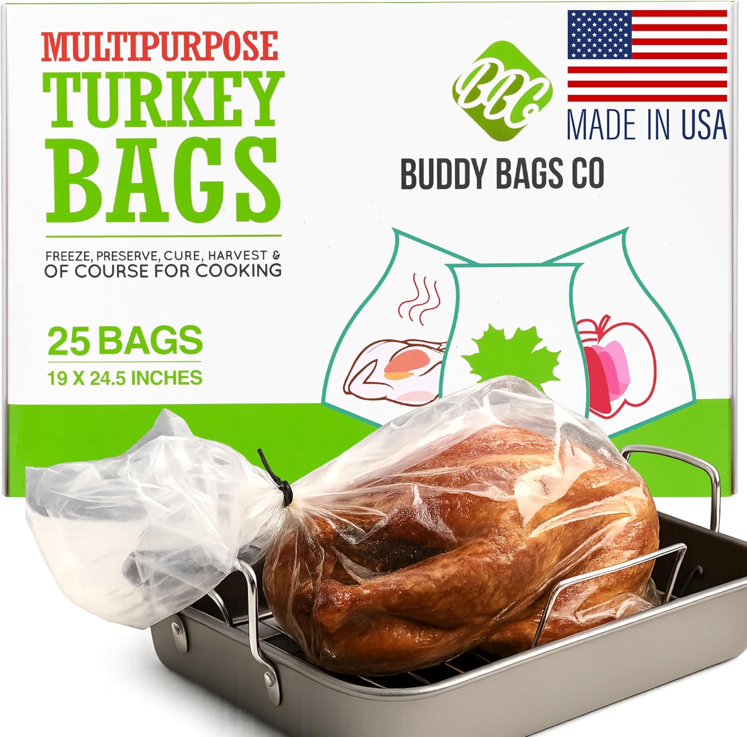 Buddy Bags Co Multipurpose Turkey Oven Bags – Made in USA – 19″ x 24.5″ – 25 Pack