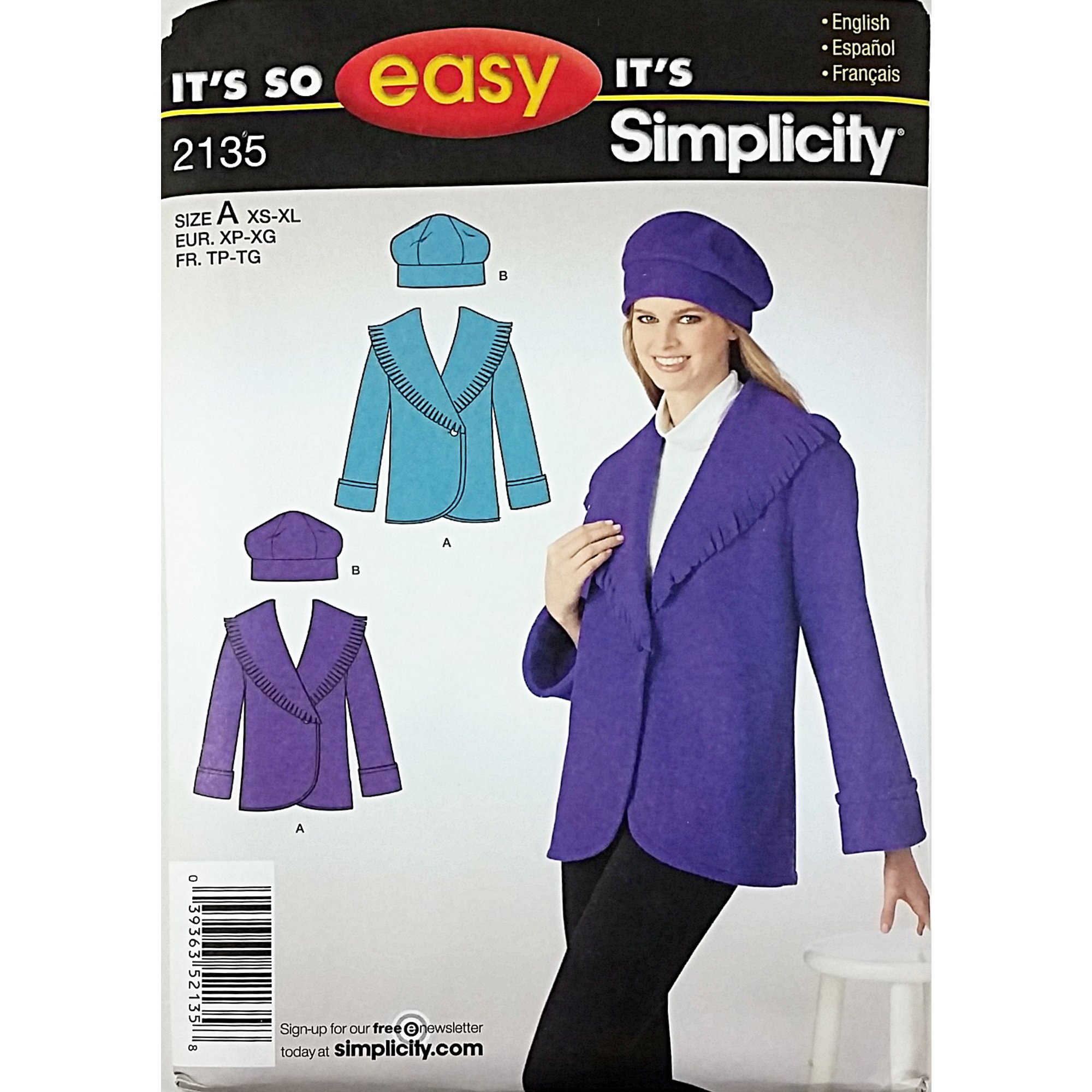 Patron de couture 2011 Simplicity veste polaire et chapeau XS à XL