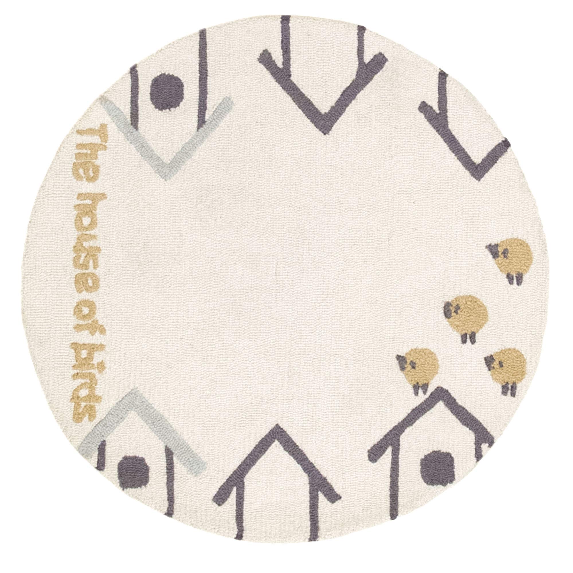 HAMID Alfombra Infantil Redonda, Alfombra Habitación Infantil 100% Lana, Alfombra para Niños Suave, Diseño Casitas, 150x150cm