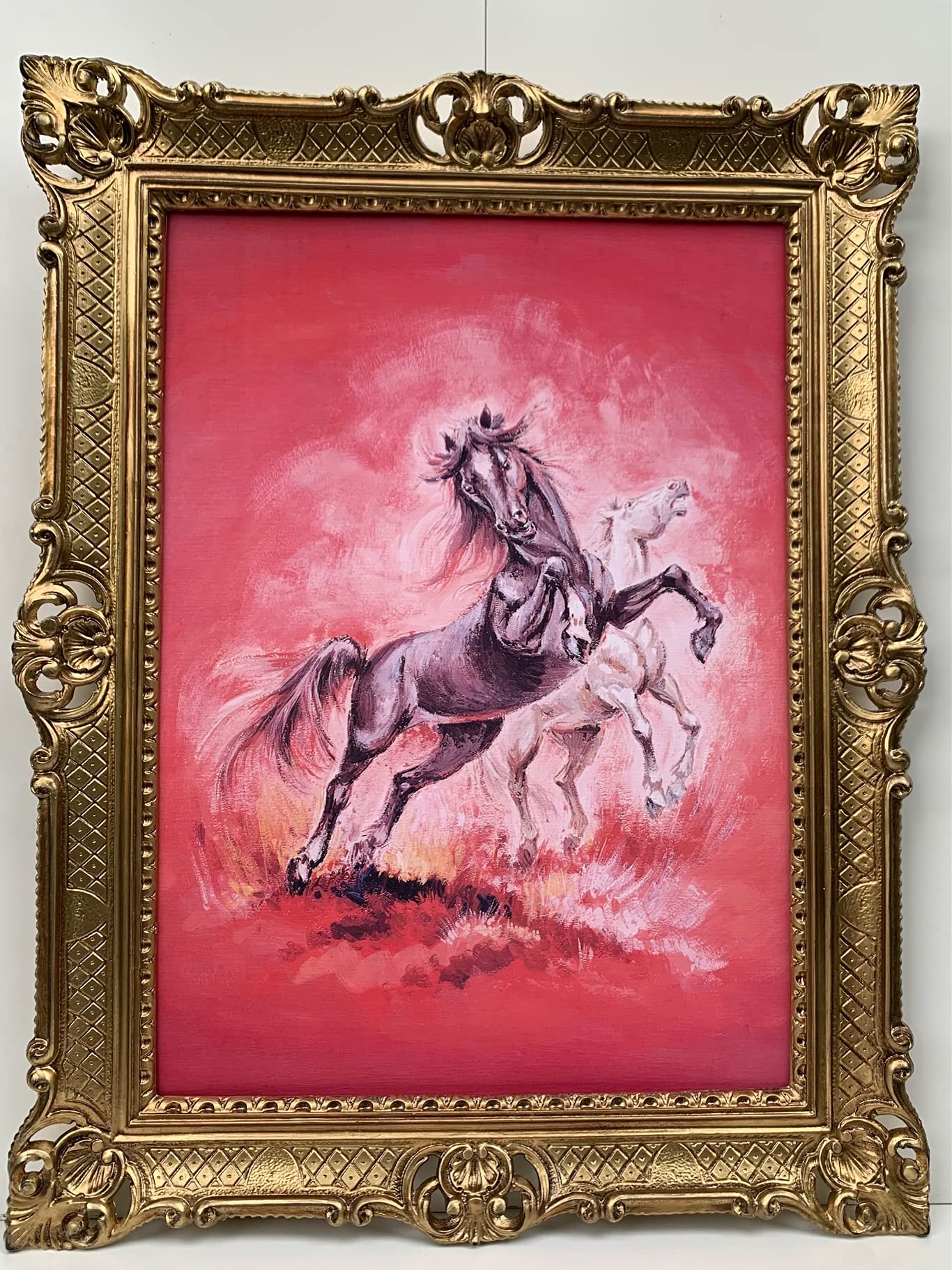 Tableau Mural Cheval Mustang Abstrait Rose - Impression Sur Toile 90x60 Cm, Cadre En Bois, Décoration Moderne