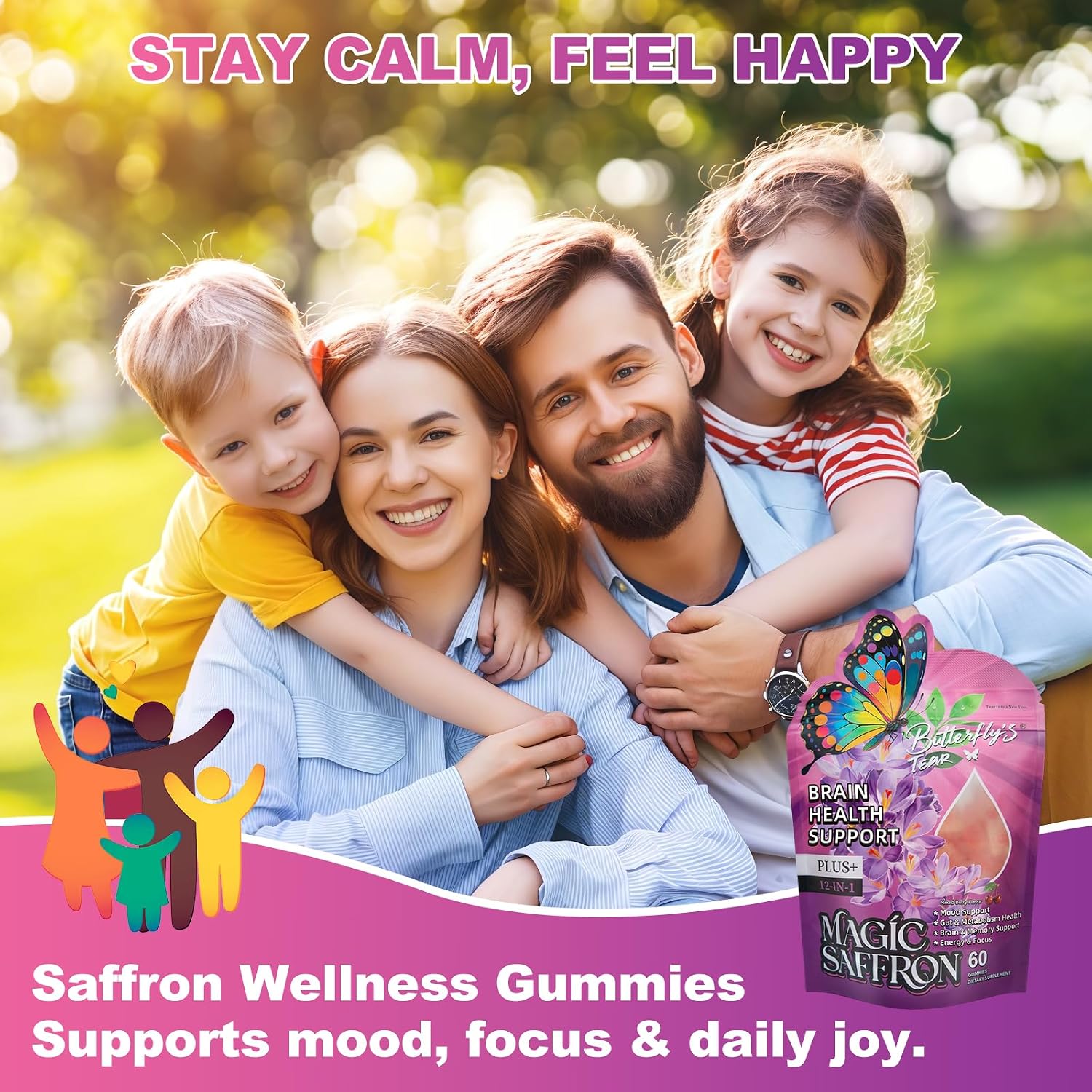 Saffron Gummies for Kids & Adults, 12-in-1 Saffron Supplements with 90mg Saffron Extract,Vitamin C, B6, Magnesium for Calm, Focus, Nerve, Sugar Free, Vegan, Non-GMO - Mixed Berry Flavor, 60 Counts