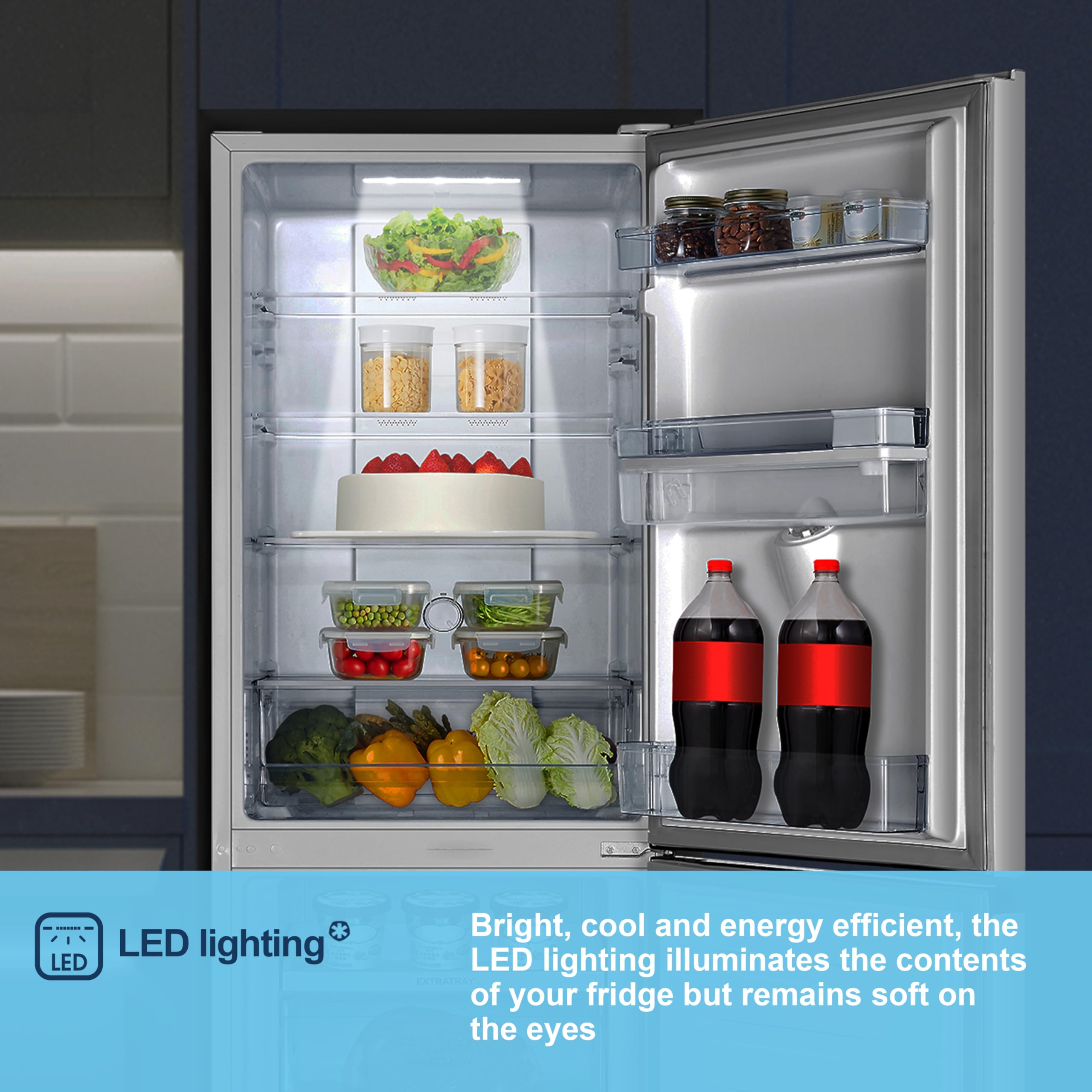 Fridgemaster MC55251DE 55cm Freestanding 256 litre 50/50 Fridge Freezer with Non-plumbed Water Dispenser - Frost Free - LED Lighting- 4 Star Freezer Rating -White - E Rated, H182.4 x W55 x D55.7 (cm) — view 9