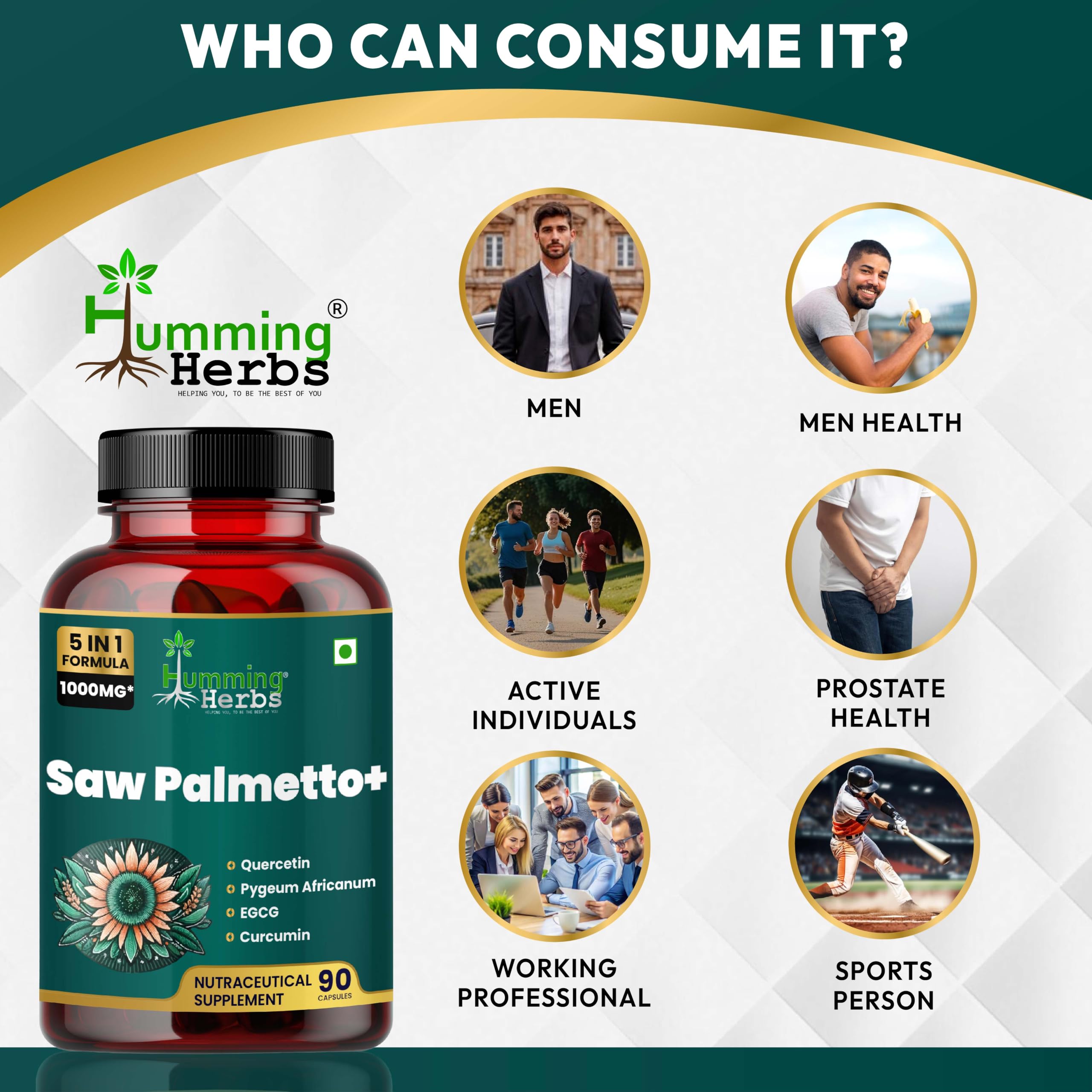 Humming Herbs Saw Palmetto Plus Prostate Support - Enhanced Formula with Quercetin, Turmeric, Pygeum, Vitamins E & B6, Zinc, Selenium for Men's Health — Amazon image 5