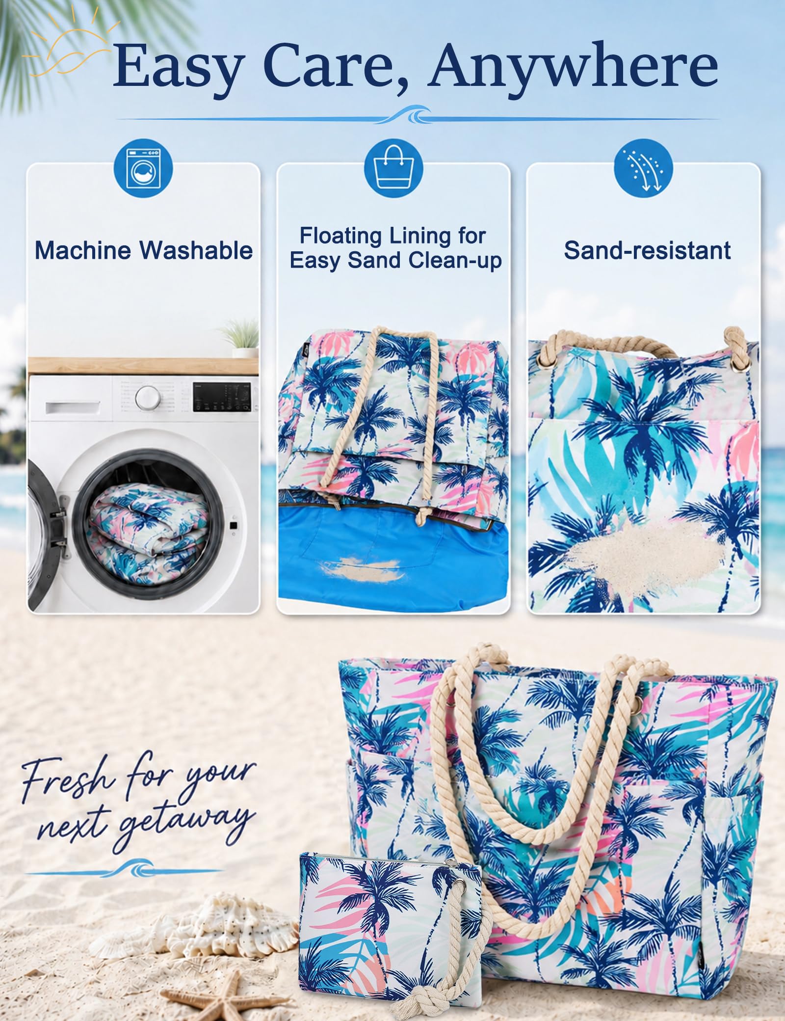 Bolsa Playa Grande Impermeable, Bolsa Tote XXL con Bolsillo Externo + Bolsa Billetera 2pcs Set, Bolsa de Playa Familiar para Verano, Viajes, Diario y Trabajo