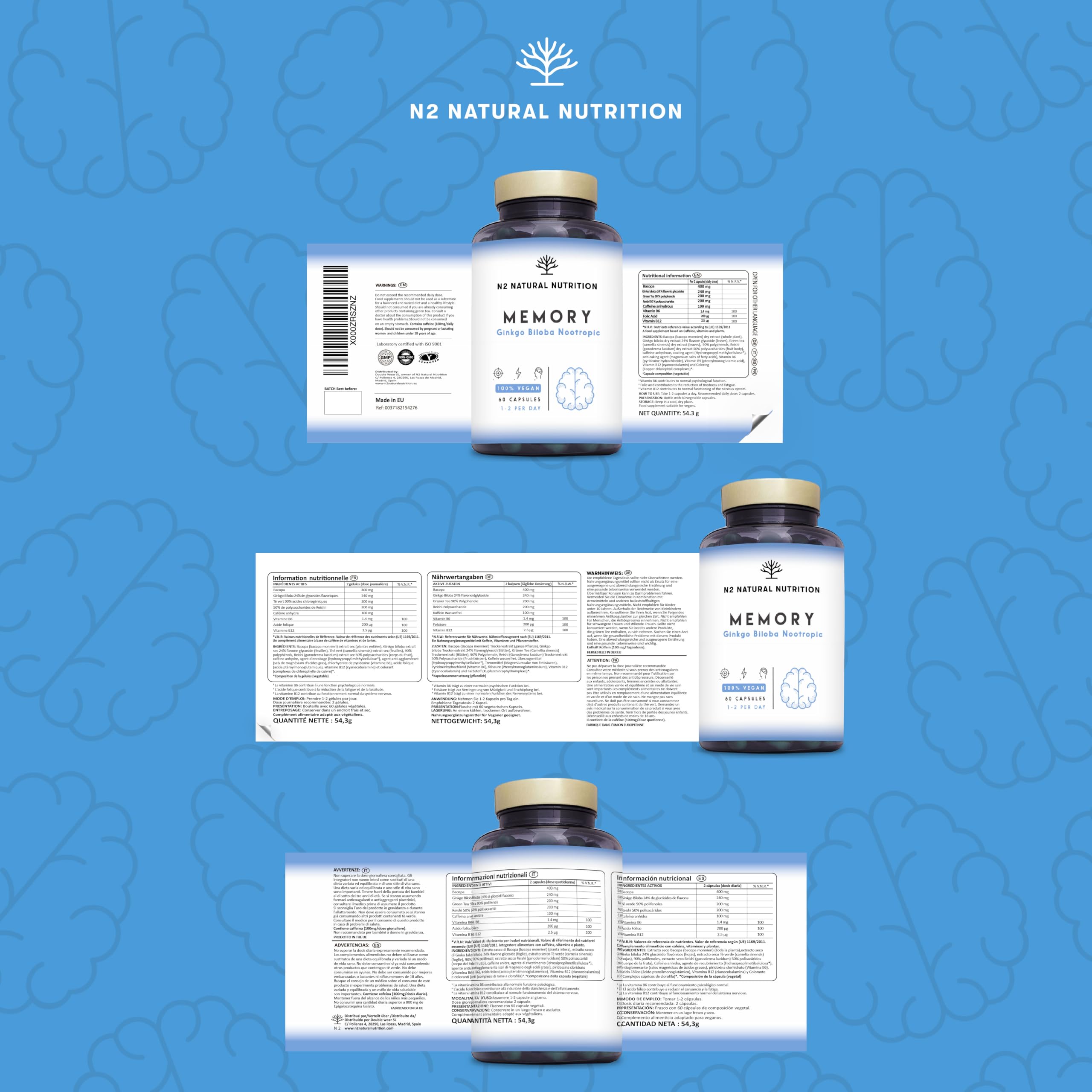 Ginkgo Biloba Nootropic. Cafeine Vitamine B6 Bacopa Thé Verde. Améliore Concentration Memoire Anxiete et Humeur. Anti fatigue. Aide au bien etre general. Végan 60 Capsules N2 Natural Nutrition