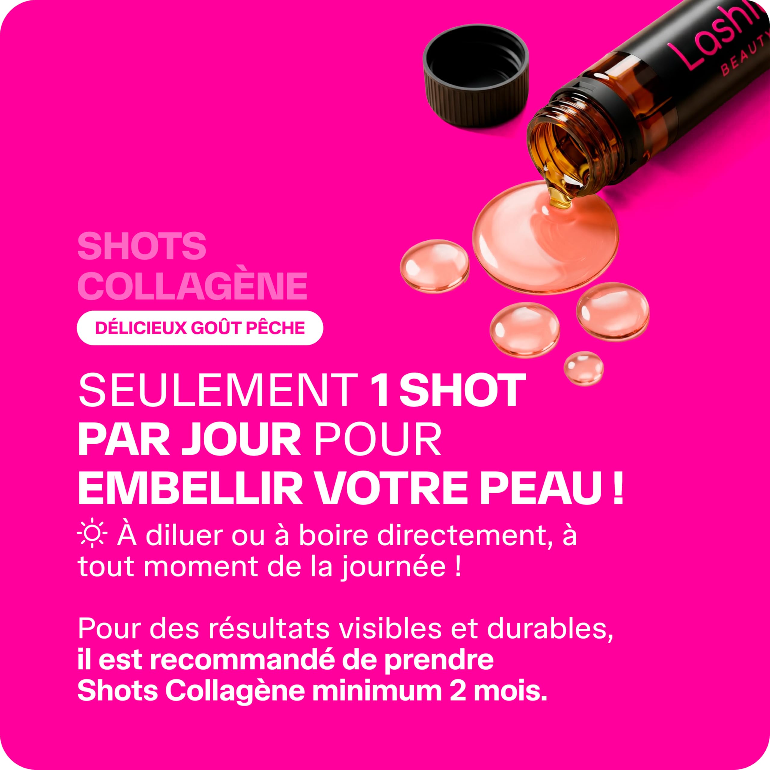 Lashilé Beauty - Complément Alimentaire - Anti-âge Global - Shots Collagène Marin 5000 mg - Type 1 et 3 -Nutricosmétique à boire - Collagène marin 1 et 3 Zinc - Made in France - Programme 1 mois