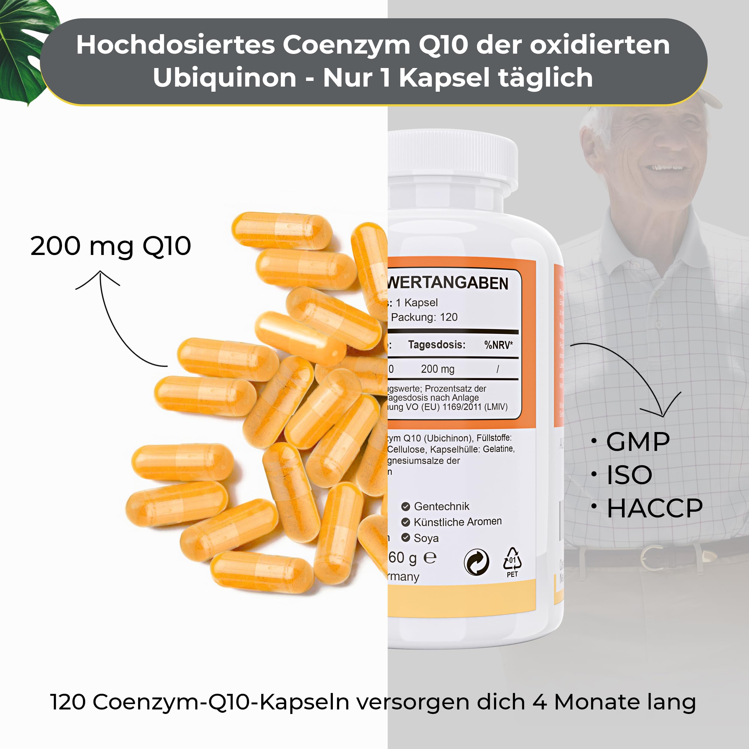Coenzym Q10 Supplement Hochkonzentriert - Vegan - 200 mg Q10 pro Kapsel - 4 Monatsvorrat mit 120 Kapseln pro Packung