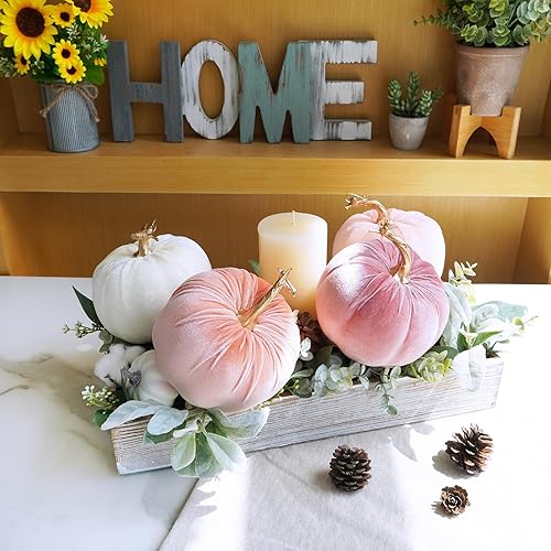 Vista 13 de Winlyn 4 calabazas de terciopelo de cosecha sintética surtidas, calabazas de tela decorativa, calabazas de espuma en naranja óxido y blanco de 5