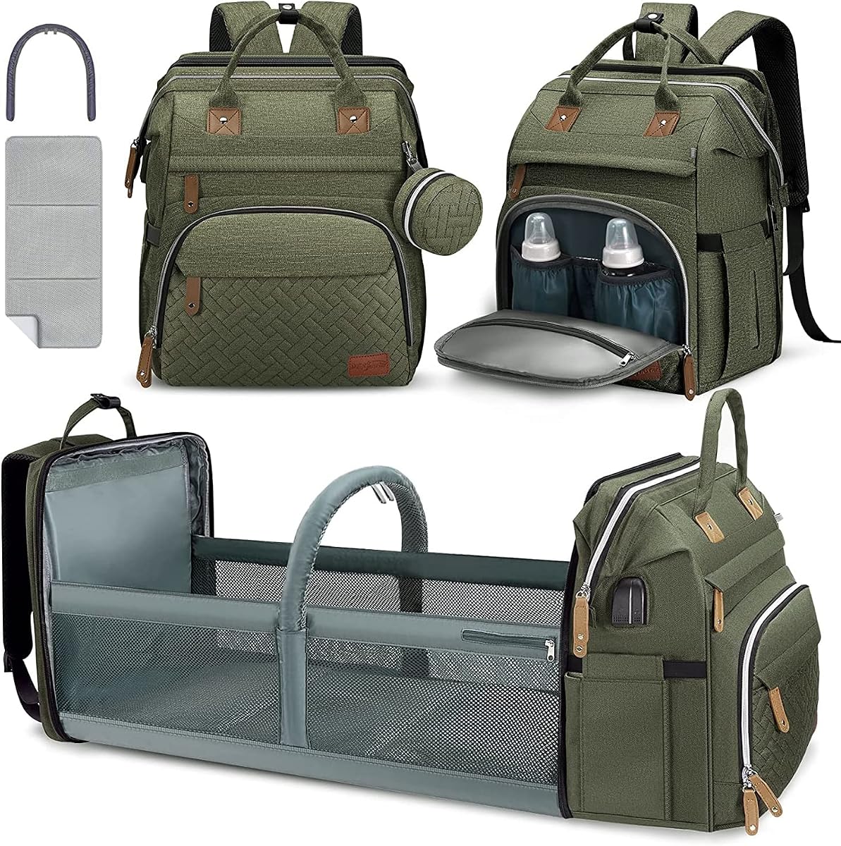 Baby Diaper Bag Backpack with Changing Station Large Capacity Baby Bag for Boys & Girls, USB Charging Port, Pacifier Case, Sunshade & Toy Bar, Waterproof, Forest
