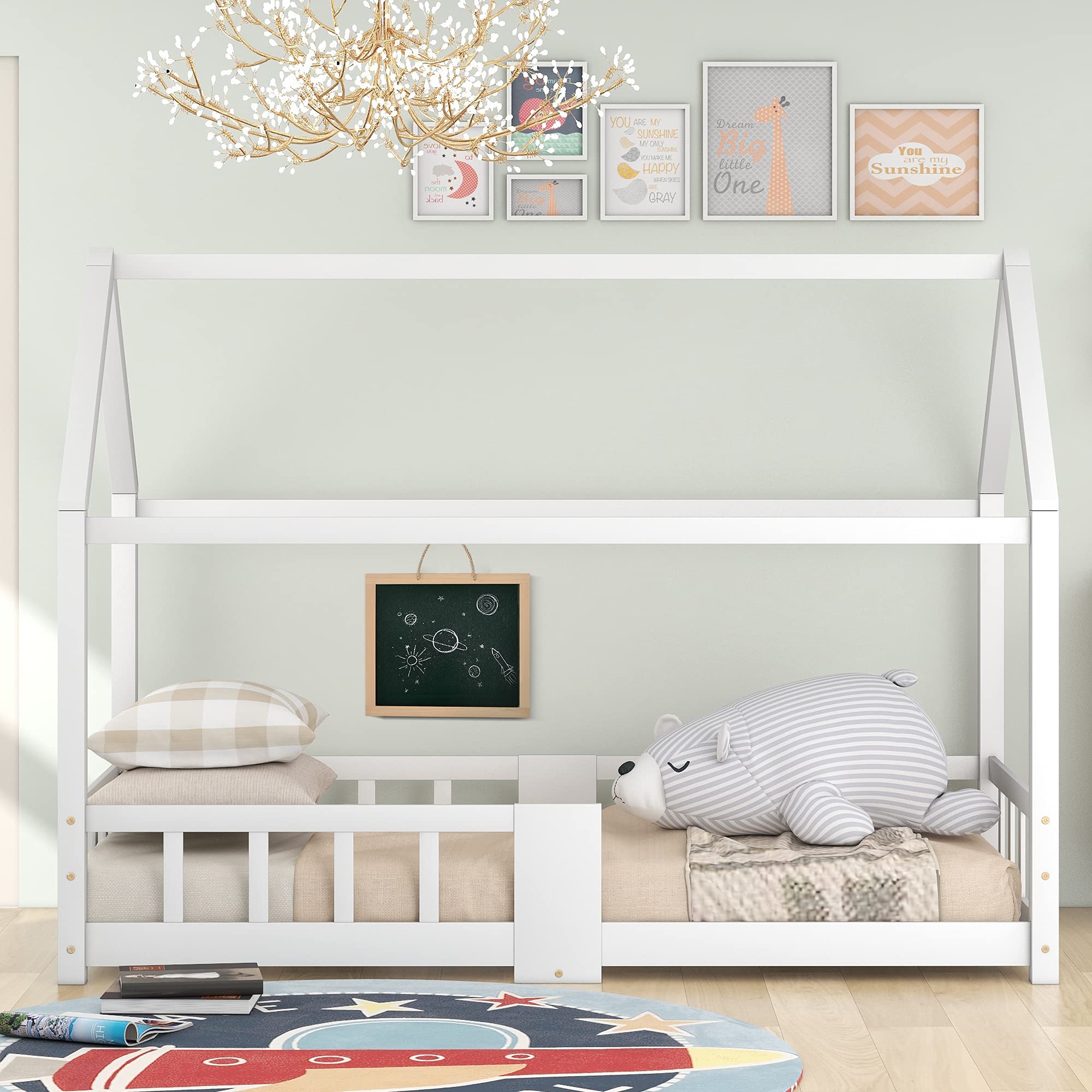 Sapgaks Barrera Seguridad niños Cama Litera Infantil Cama litera Matrimonio protección contra caídas, Cama Individual, Cama de Madera, Incluye somieres, de Madera de Pino Blanco (sin colchón)