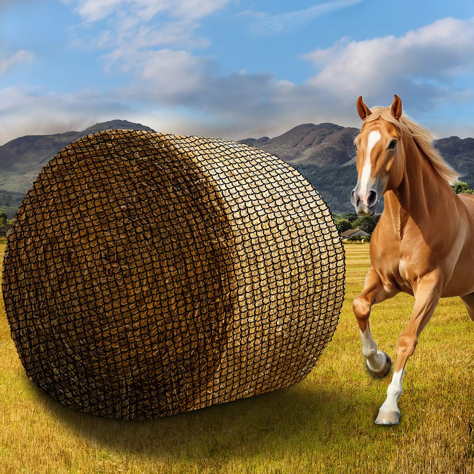 6x6 ft Large Round Bale Hay Net,Bale Hay Net Slow Feed for Horses & Livestock-Ultra Slow Feeder Hay Nets Knotless Fits Rou...