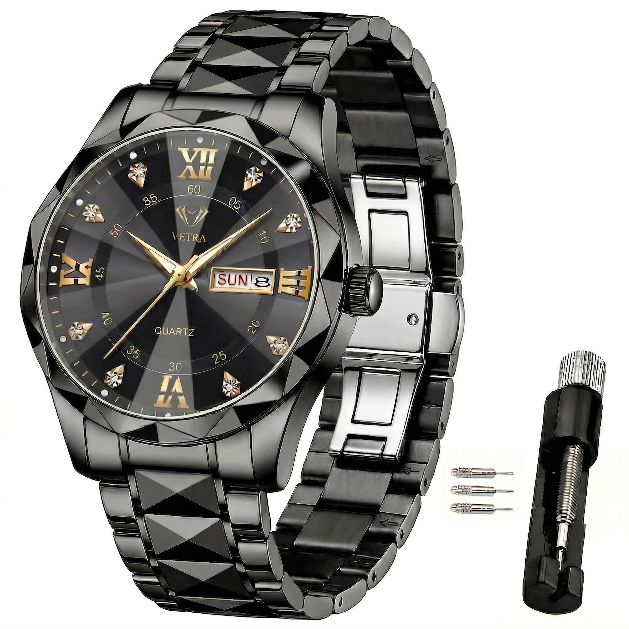 Vetra Montre classique pour homme - Bracelet en acier inoxydable - Étanche - Lumineuse - Jour - Date - Tendance - Minimaliste - Cadeau pour homme