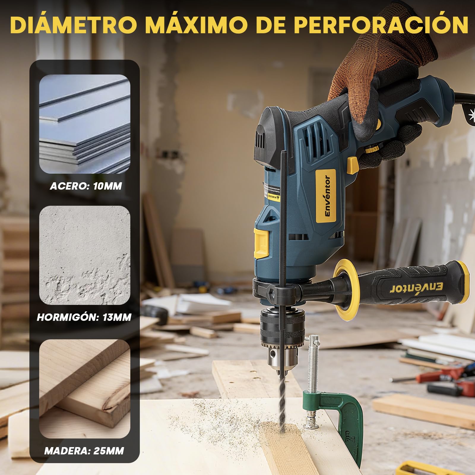 Enventor Taladro Percutor con Cable 750W, Mango Auxiliar de 360° | Función 2 en 1, Velocidad Variable 0-3100RPM, , Portabrocas de 13MM, para Concreto, Metal y Madera