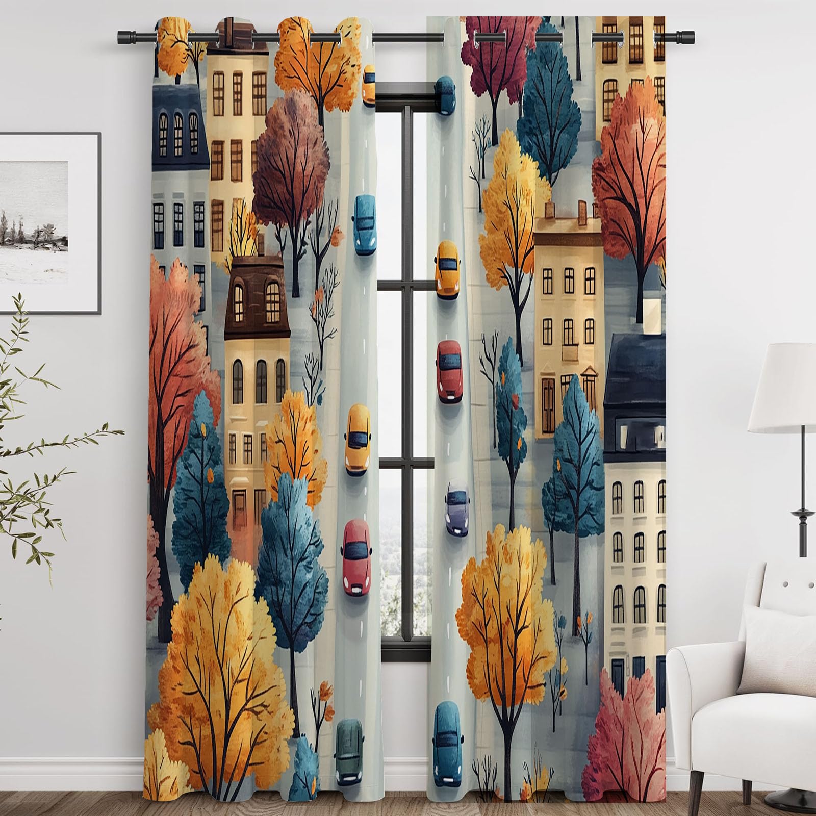 JOSUE Cortinas Opacas Dibujos Animados de Animales Albero colorato camera da letto, drappeggio con occhielli argentati, beige/verde-A230 x L160 cm (2 Pannelli)