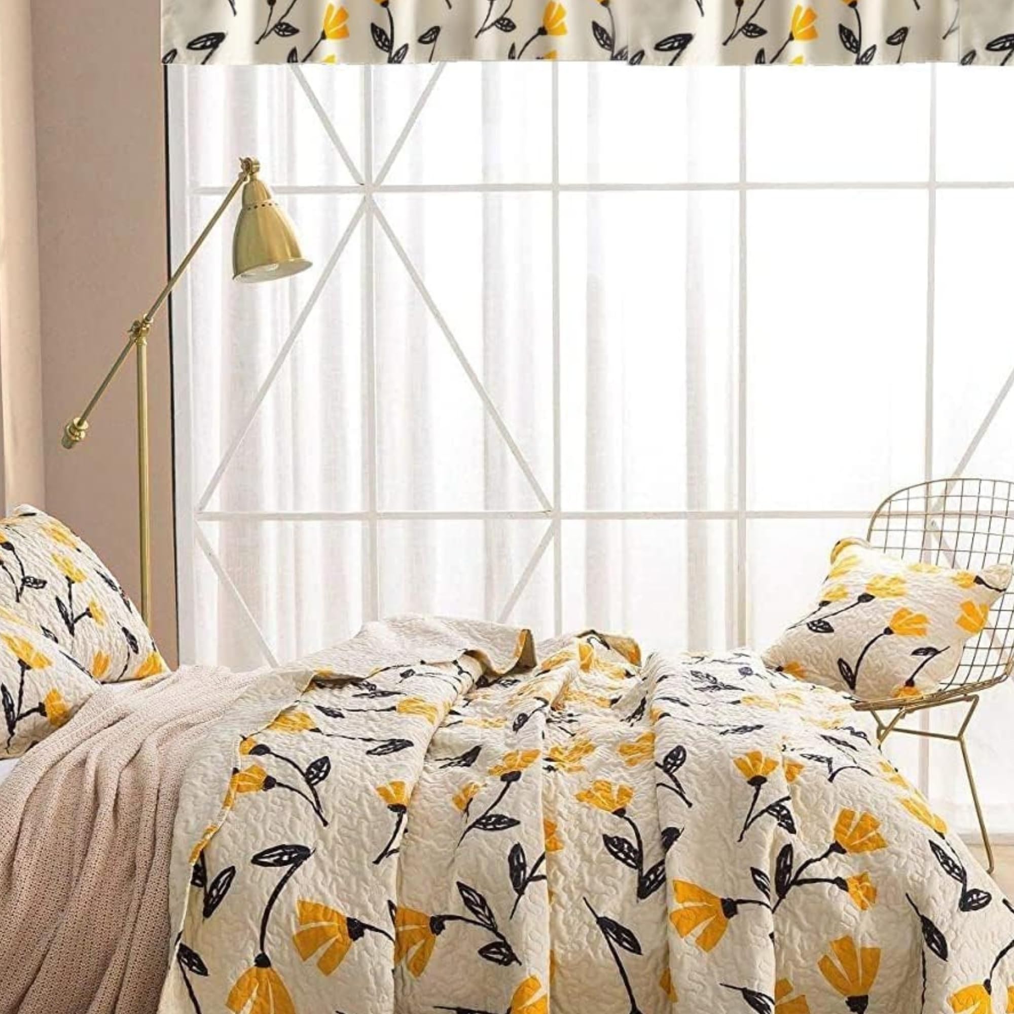 DaDalogy Bedding 9-Pieces Floral Bed in a Bag Set - Botanical Yellow Fleur Golden Tulips Bedspread Fitted & Flat Sheets Set w/Throw Euro Sham Pillow Covers & Window Curtain Valance - Twin Size
