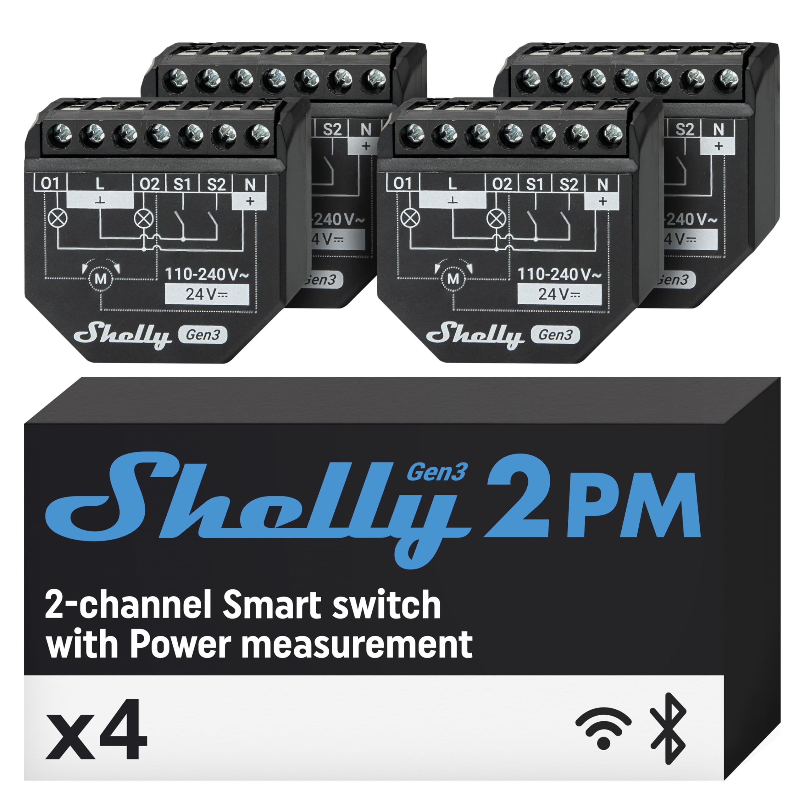 Shelly Shelly 2PM Gen3 - Relé Interruptor de persianas inalàmbrico, 2 Canales - 16 A, Wi-Fi & Bluetooth, con Medidor de consumo, Control de app iOS Android y Temporizador, Alexa, Google Home - 4 Piezas