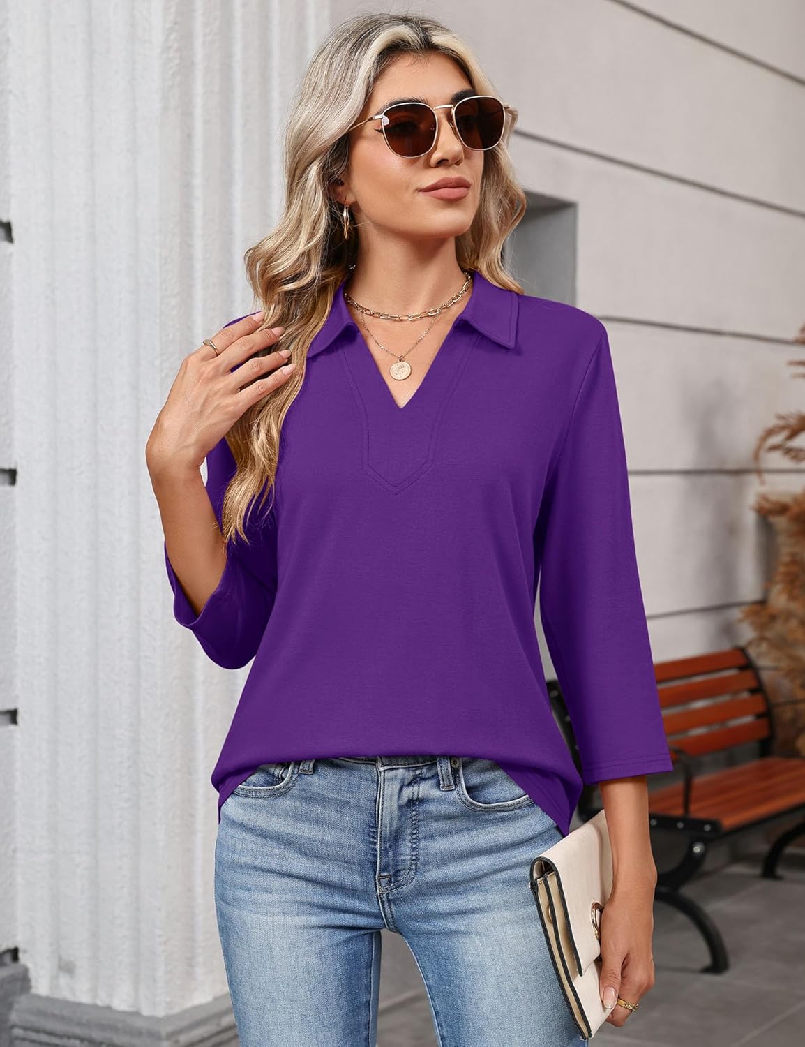 LOMON 3/4 Length Sleeve Womens Tops 2026 Spring Summer Collared Polo Shirts V Neck Casual Basic Polos Tees Shirt - Image 5