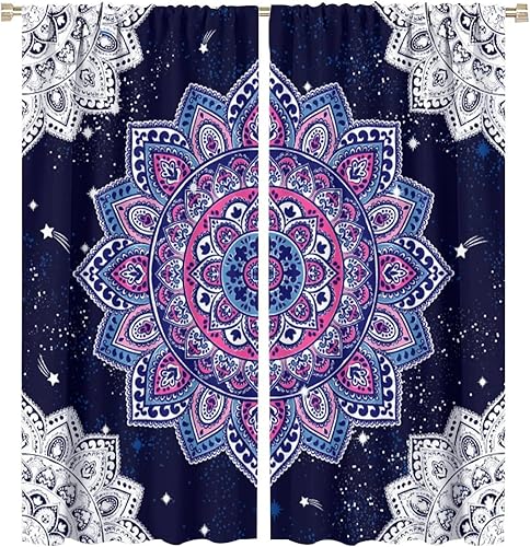 Cortinas de mandala bohemias moradas, hermosas flores de pavo real, fondo blanco y negro, con bolsillo para barra, cortinas de ventana para