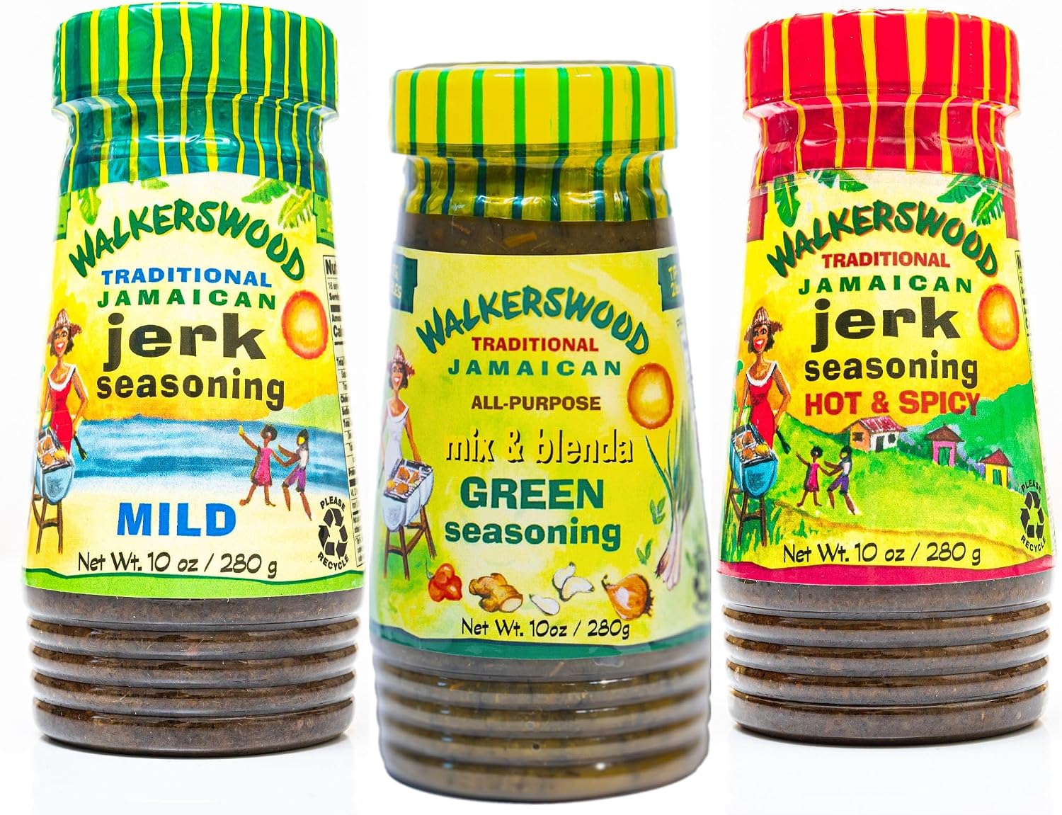 WALKERSWOOD Mix and Blenda Green Seasoning, 10 oz + Jamaican Jerk Seasoning, Hot, 10 oz + Jamaican Jerk Seasoning, Mild, 10 oz