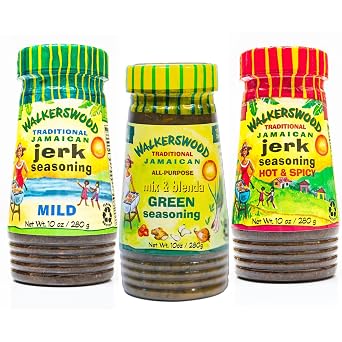 Walkerswood Mix and Blenda Green Seasoning, 10 oz + Jamaican Jerk Seasoning, Hot, 10 oz + Jamaican Jerk Seasoning, Mild, 10 oz