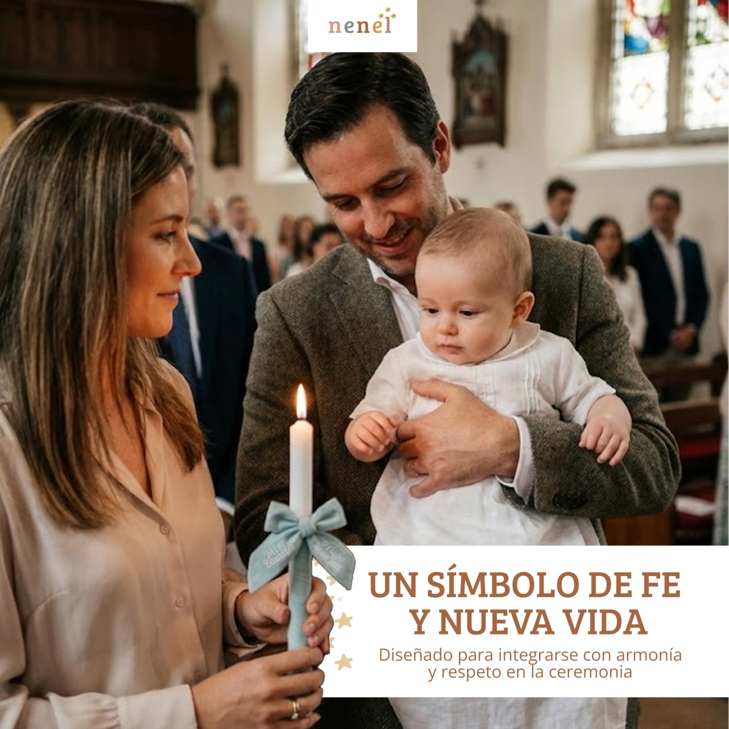Vela para Bautizo personalizada - Vela Bautismal Personalizable con nombre y fecha – Cirio sacramental decorado - Cirio de Bautizo - Modelo Bambula – Nenel (Verde Menta)
