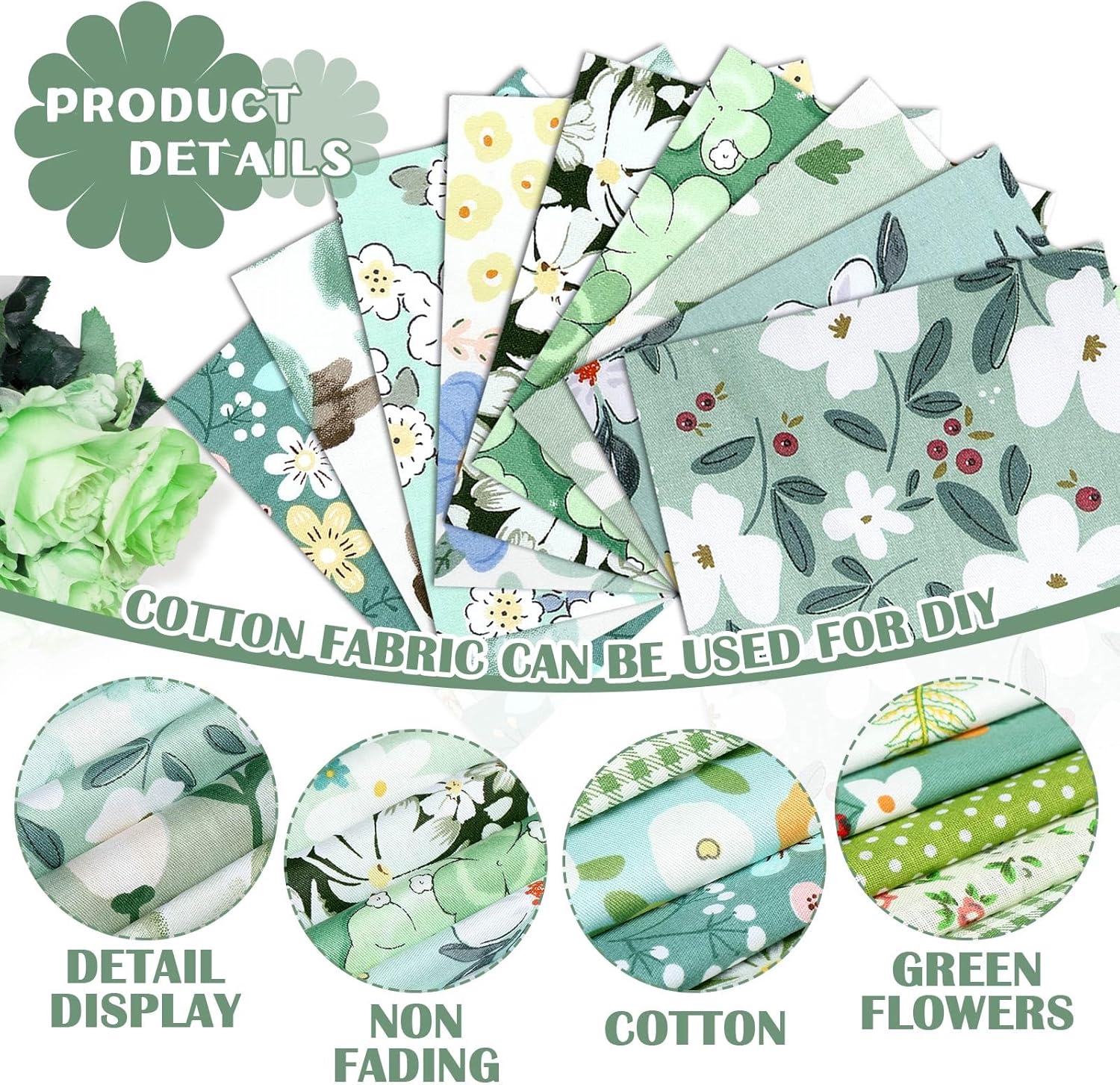 Ganeen 500 Pcs 5 x 5 Inches Cotton Fabric Squares Precut Quilting Fabric Bundles Solid Colors Quilt Material for DIY Craft Sewing Embroidery(Green Floral)