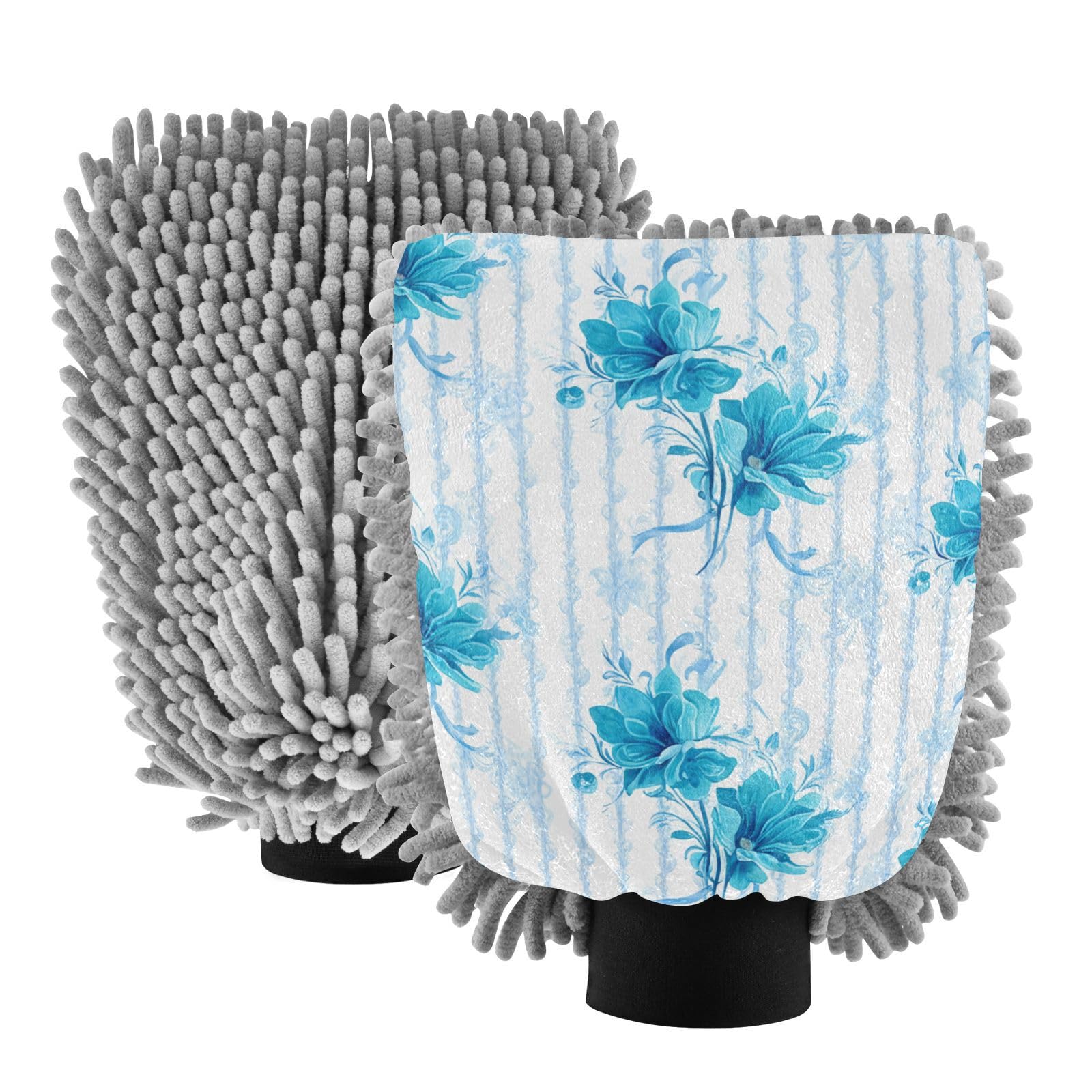 STAYTOP Blue Flowers Car Wash Mitt Microfiber, 2Pcs Scratch Free Lint-Free, Premium Chenille Microfiber Mitt Car Wash Brush-M