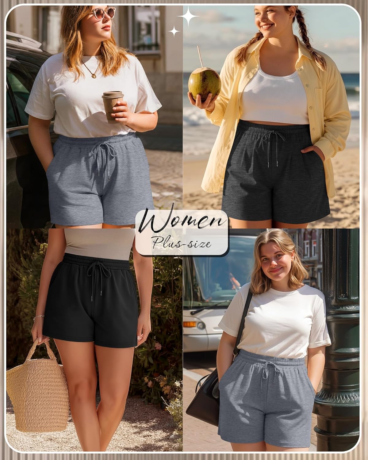 3 Pack Women's Plus Size Sweat Shorts Drawstring Elastic Waist Athletic Lounge Shorts with Pocket