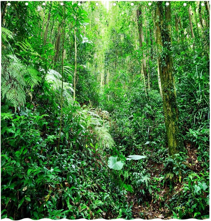 Rainforest Landscape Shower Curtains Green Leaves Plant Tree Original Forest Scenery Outdoor Nature View Bathroom Decor Polyester Fabric Curtain Sets 106x70 Inch with Hook