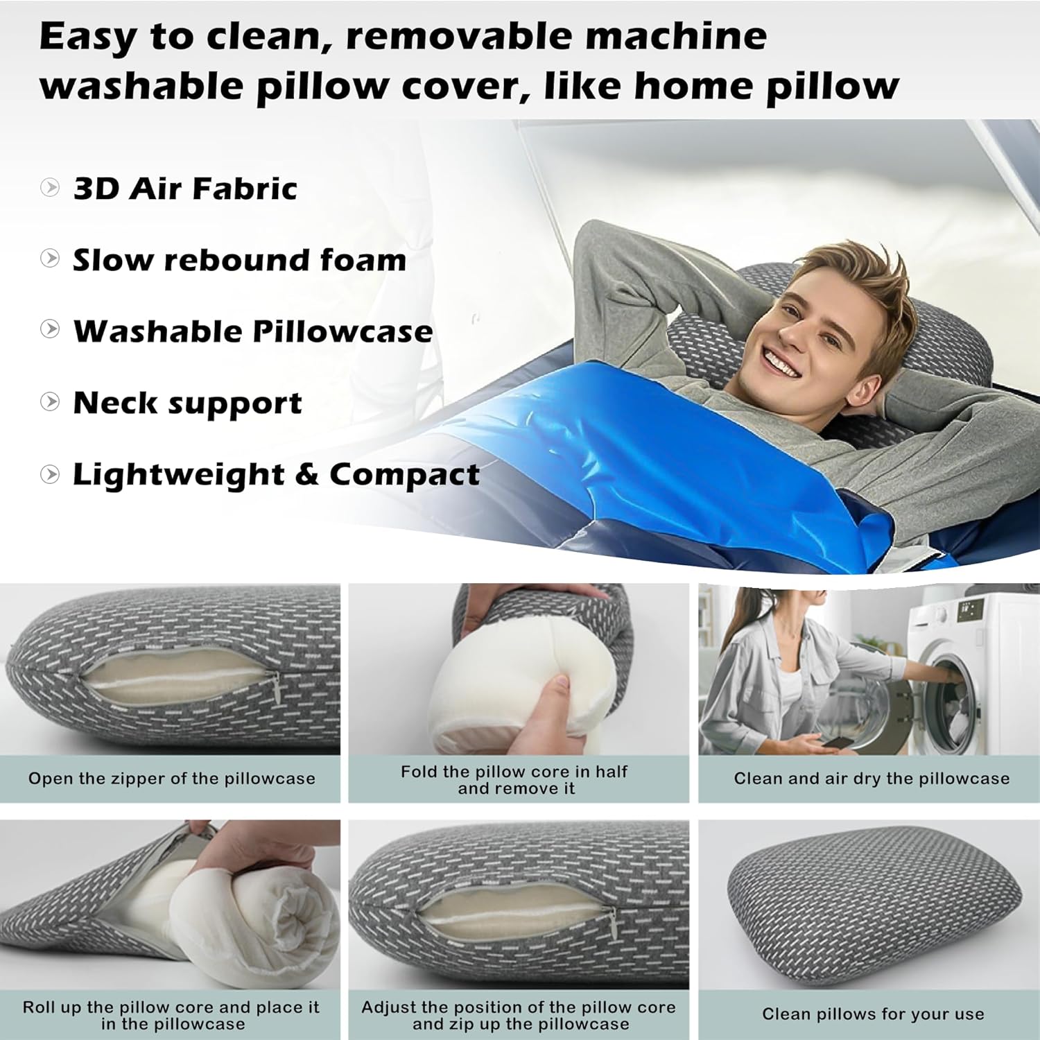 Memory Foam Camping Pillow - Lightweight & Portable Small Travel Pillow for Airplane & Train Travel, Camping, Backpacking, Removable Washable Cover, Easy to Clean, Includes Storage Bag - Image 4