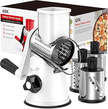 GDL Cheese Grater Rotary, Vegetable Slicer, Grater Kitchen Fast Cutting for Time Saving, Rotary Grater Suitable for Vegetable, Fruit, Nut, etc. with 3 Interchangeable Drum Blades, Black