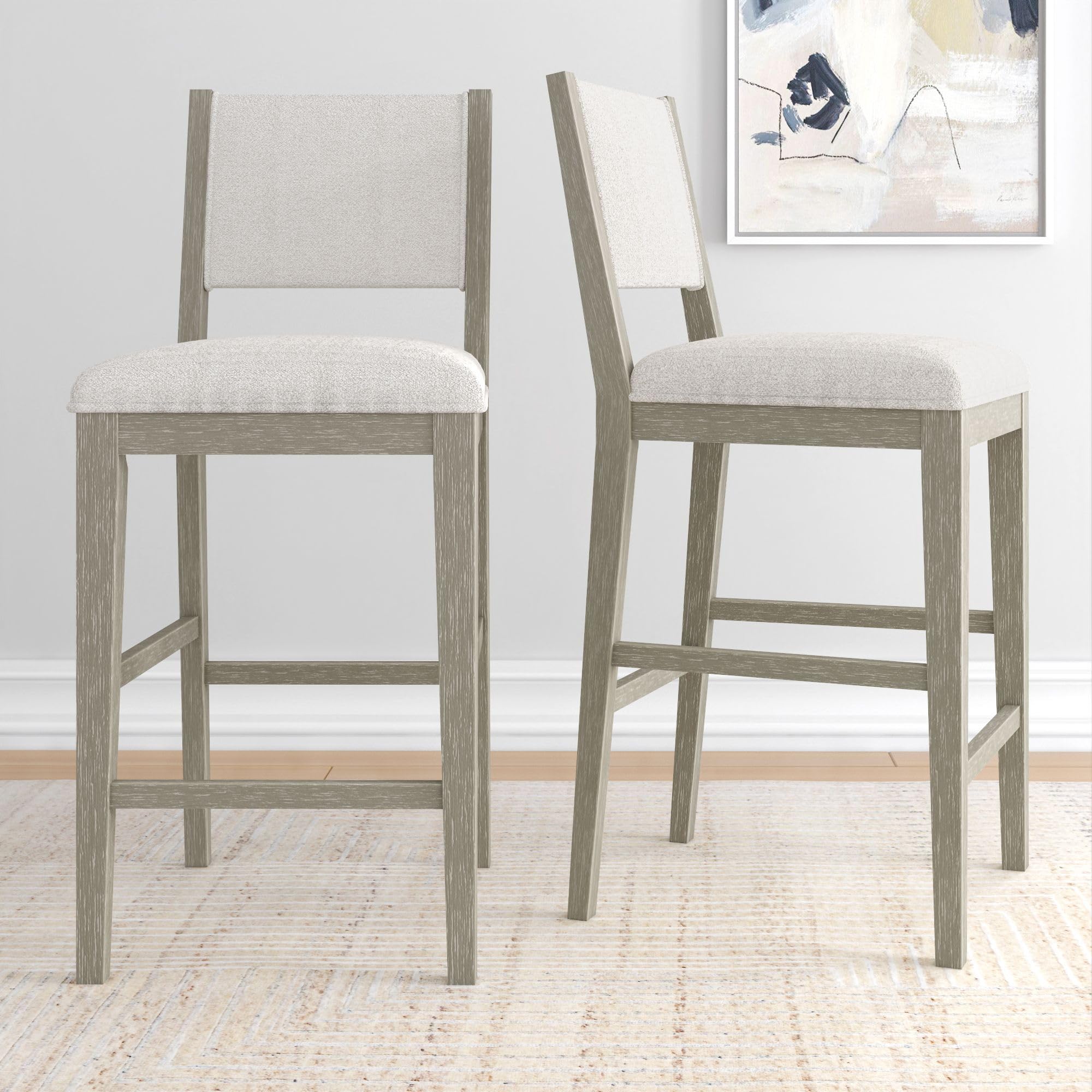 Plank+Beam Sereno Bar Stool, 30", Set of 2, Sturdy Wood Modern Kitchen Bar Height Stool, Upholstered Cushion Bar Chair with Back, Antique White/Ivory