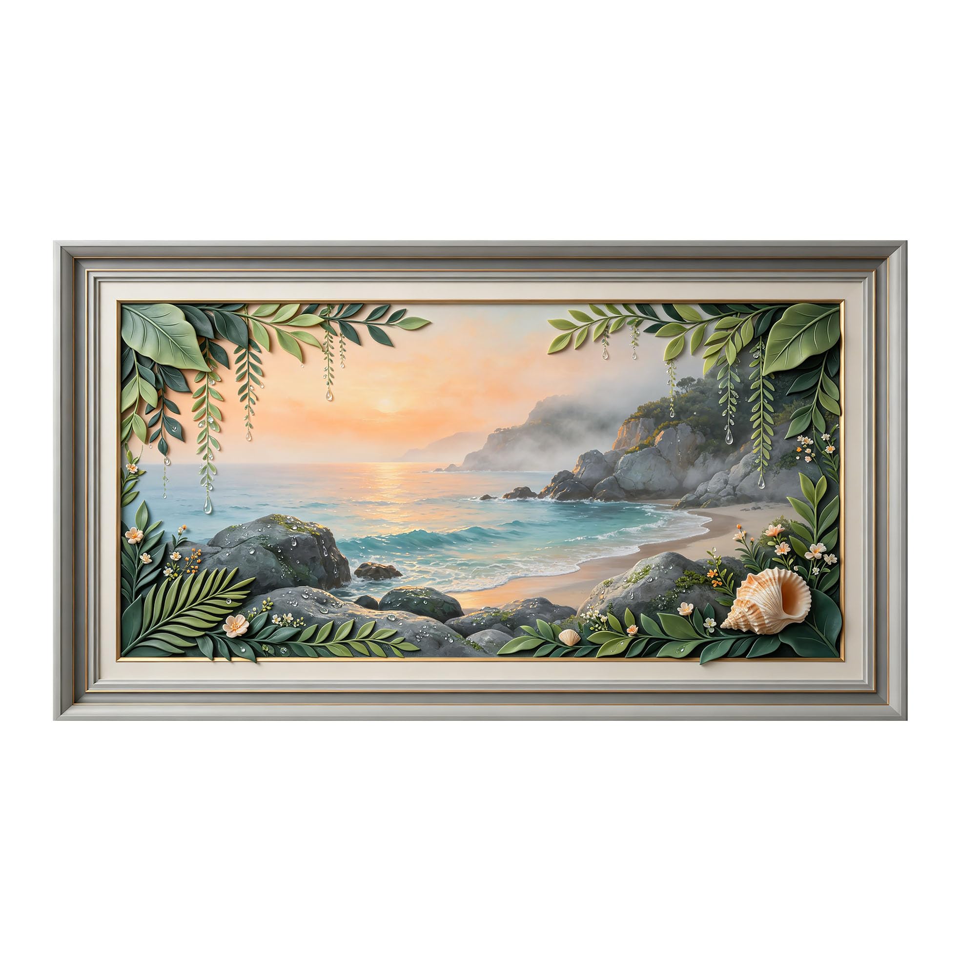 Murasolite 3D Framed Wall Art Coastal Sunset Seascape Oil Painting SelfAdhesive Fabric Mural Wall Decor， Peel and Stick No Damage to Wall， AntiFall Safe Design for Bedroom Living Room