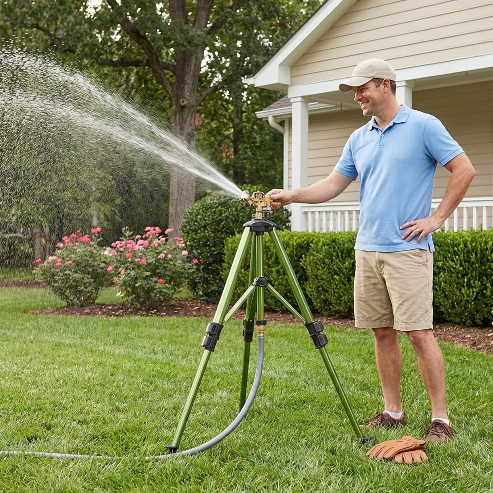 Stativsprinkler, Hochleistungssprinkler mit Einstellbarer Höhe, 360-Grad-Messingkopf für großflächige Rasen- und Gartenbewässerung, Grün