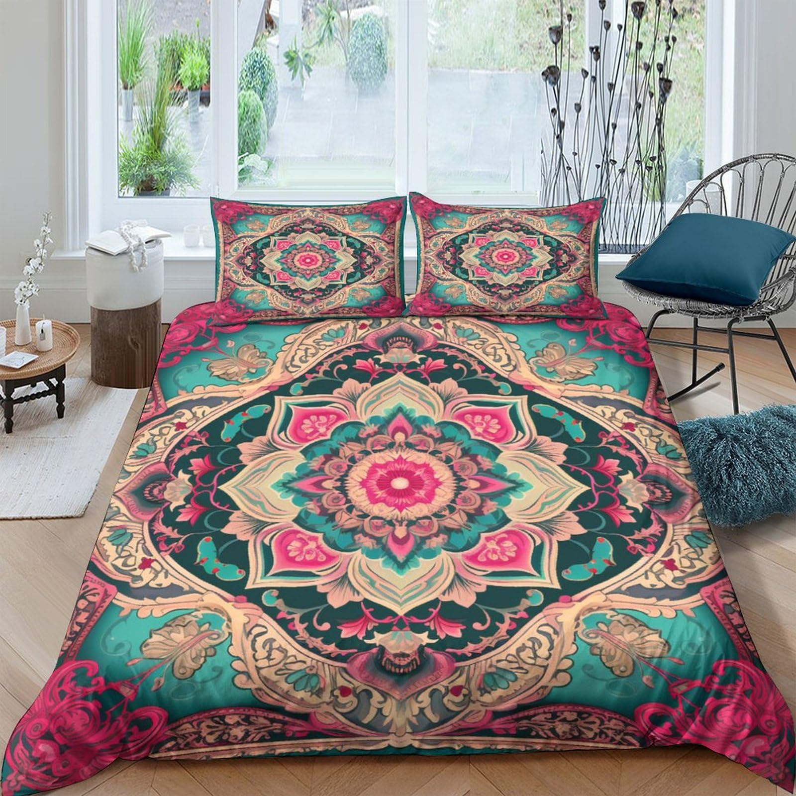Housse de couette bohème 3 pièces King 220x240 avec ses deux taies d'oreiller en microfibre