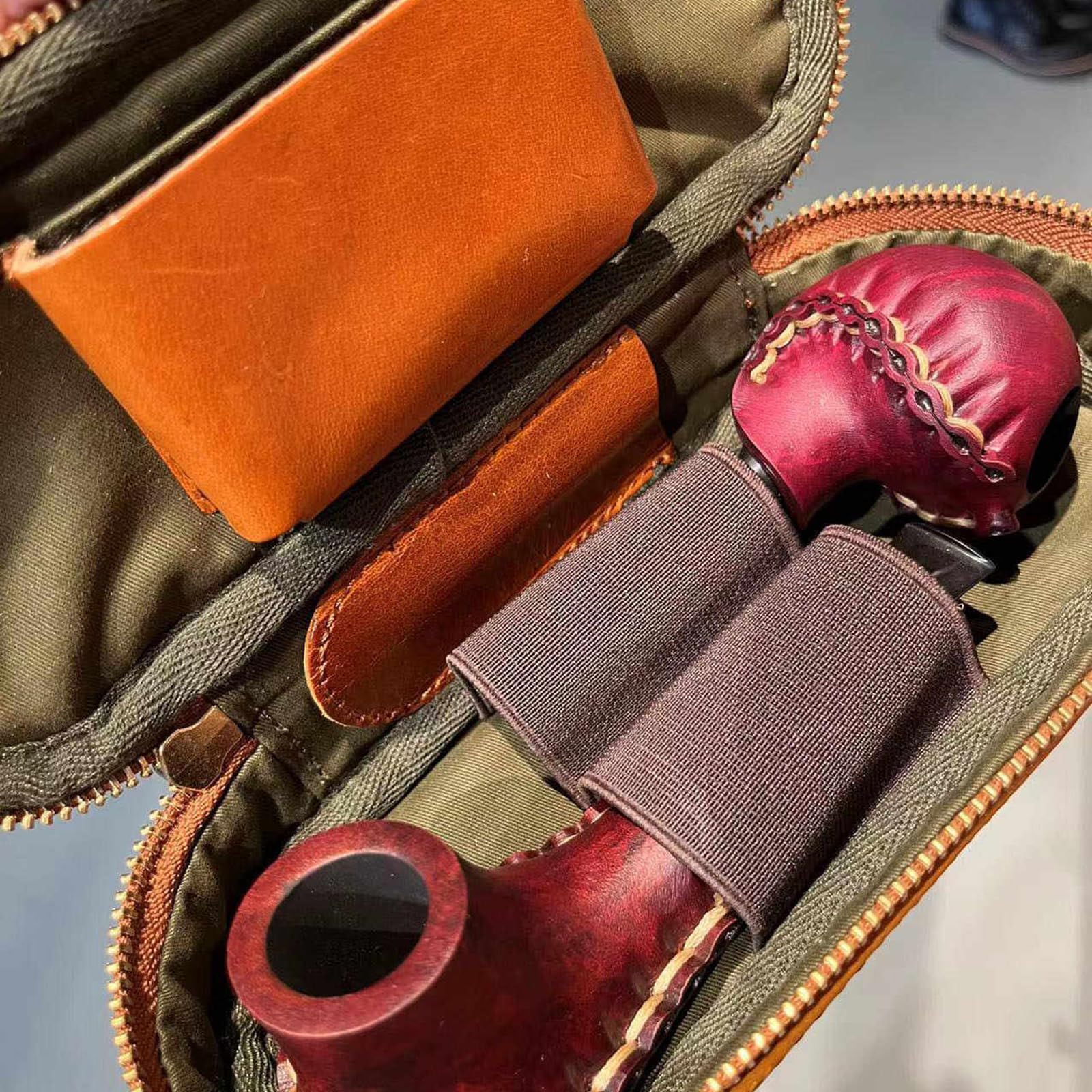 torebka na tytoń, Torba na fajki Head Layer Cowhide Pipe Bag - Skórzana torba tytoń 2 Etui podróżne(Yellow)