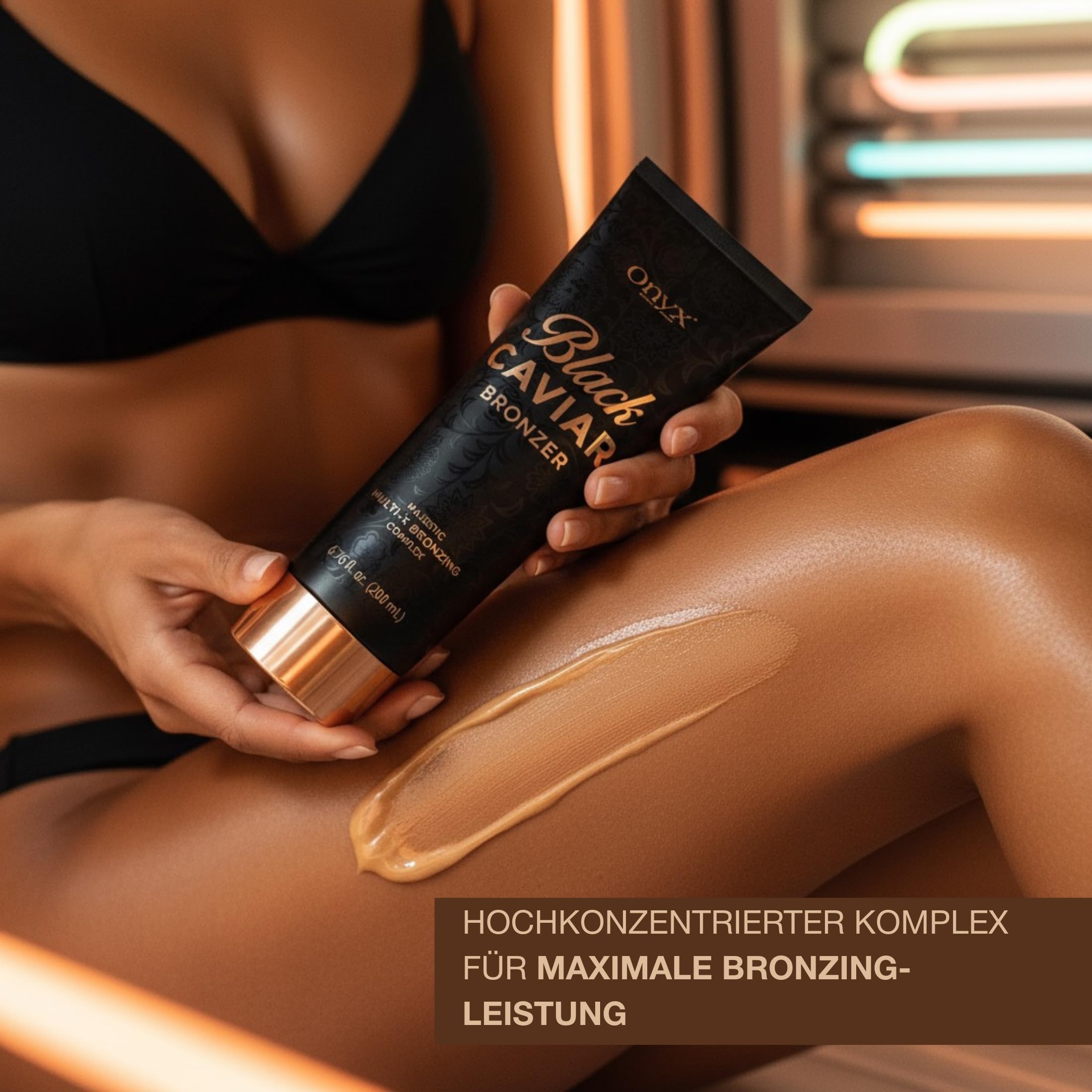 Onyx Black Caviar Solarium Creme mit Schwarzem Bronzer - Extrem Dunkle Bräune für Erfahrene Nutzer - Intensiver Bronzing Komplex, Pflege & Straffung | Für Solarium & Außenbräune (200 ml)