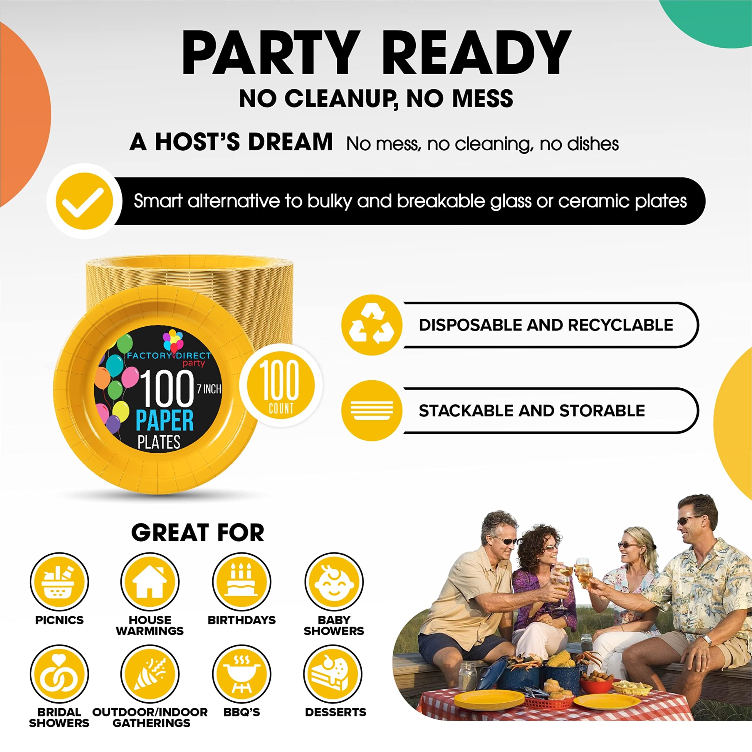 Exquisite Party Solids - Platos de papel amarillos resistentes de 7 pulgadas para fiestas, 100 unidades, 350 g/m², suministros de cumpleaños
